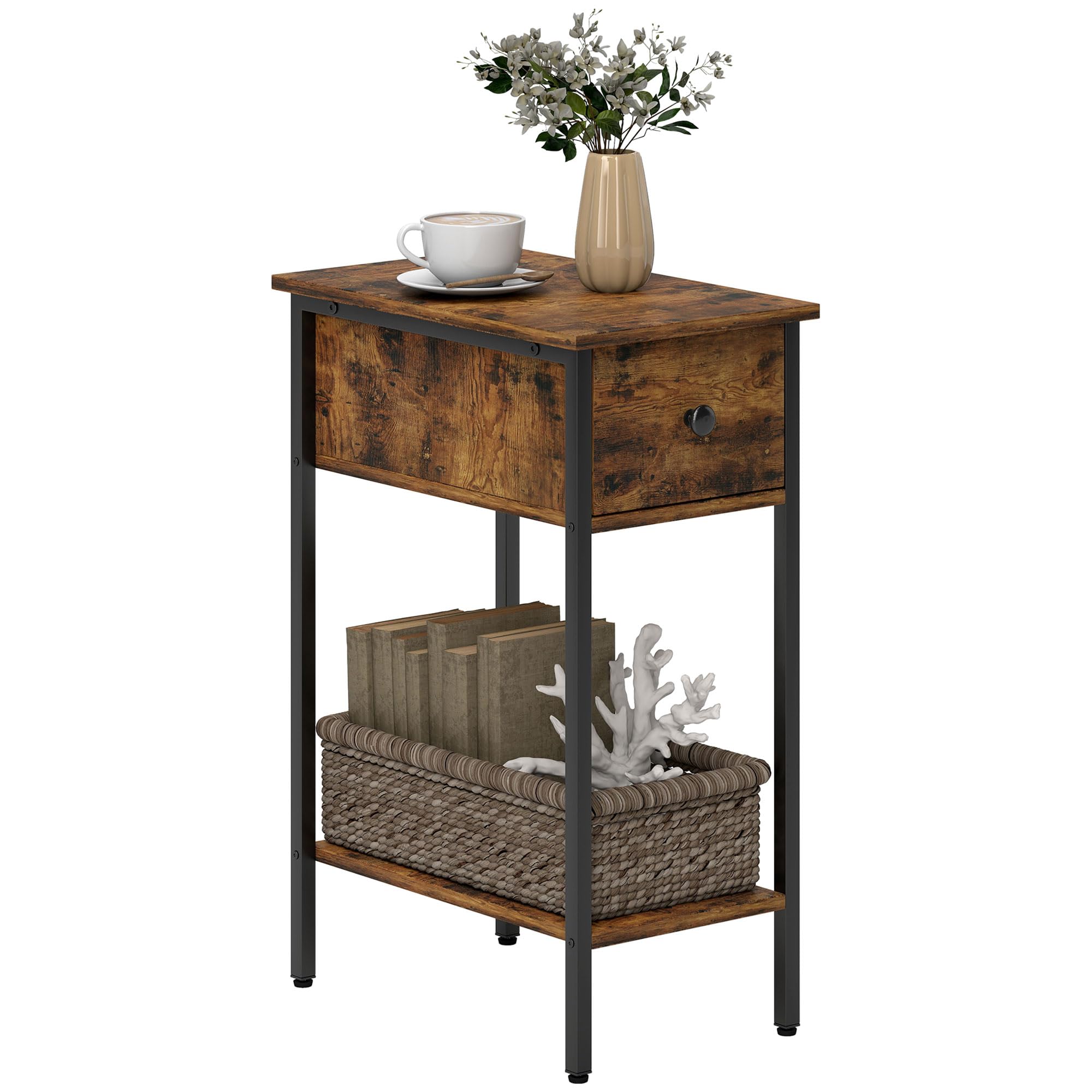 HOMCOM Single Drawer Side Table - Rustic Brown Industrial Design - Small Size