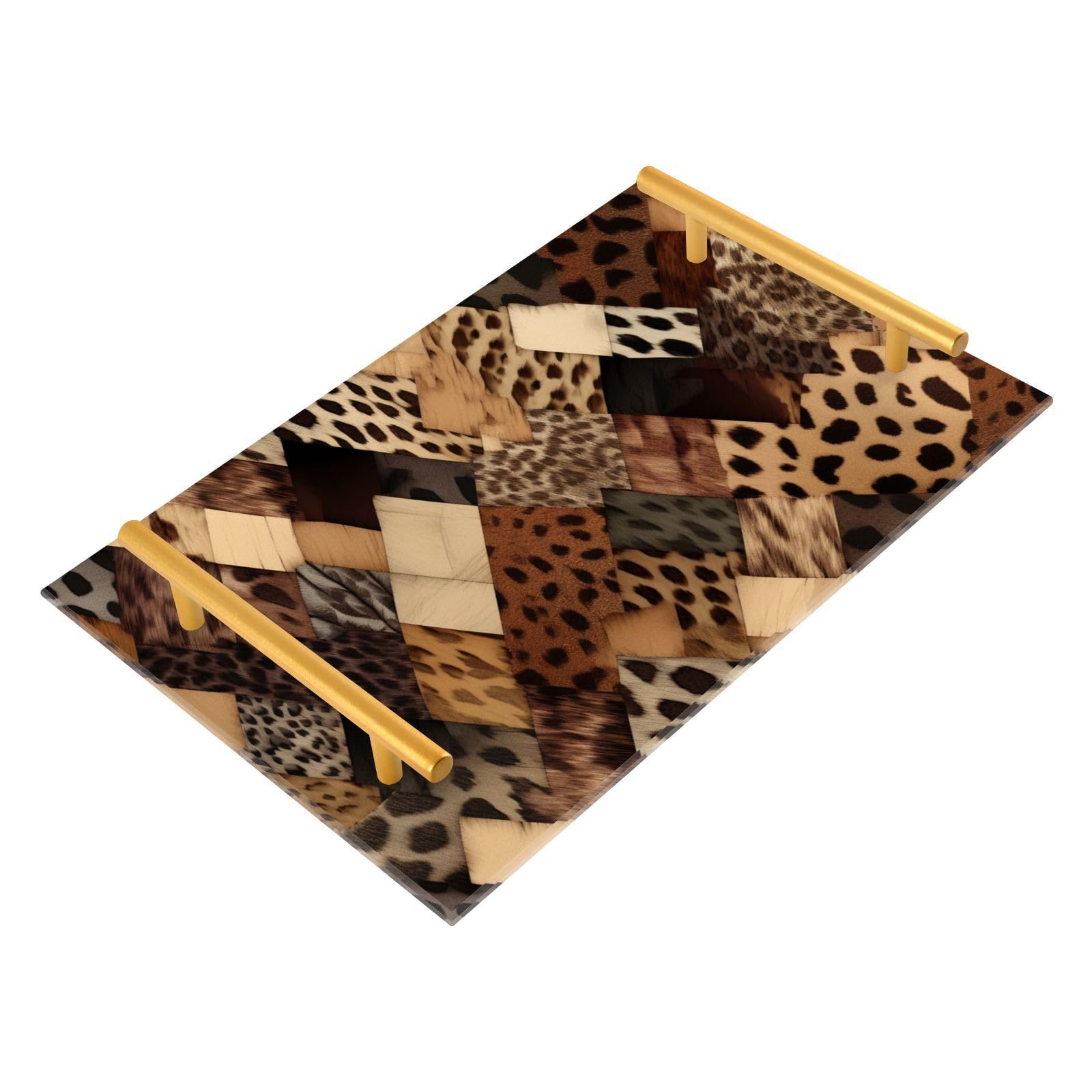 Bathroom Tray for Countertop Decorative Acrylic Vanity Tray Makeup Perfume Organizer Serving Tray 7.87 x 11.81 inches, Patchwork Leopard Print Print