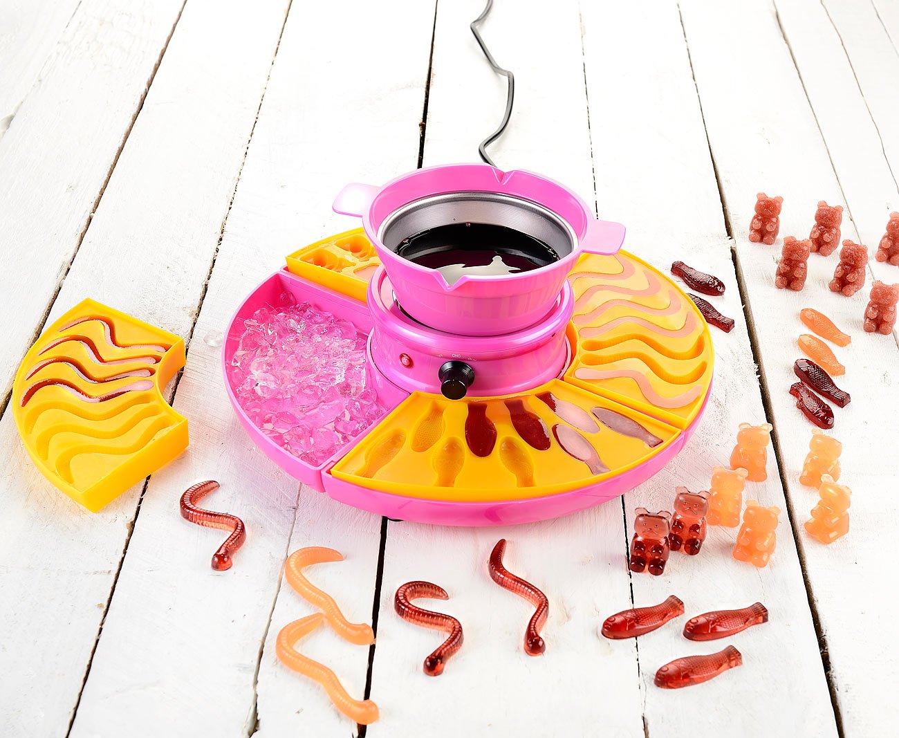 Rosenstein & Söhne Macchine per zucchero filato - set fontana cioccolato: macchina per orsetti gommosi e maker di cioccolatini, incluso set di stampi in ghisa, 25 Watt (macchina per caramelle gommose)