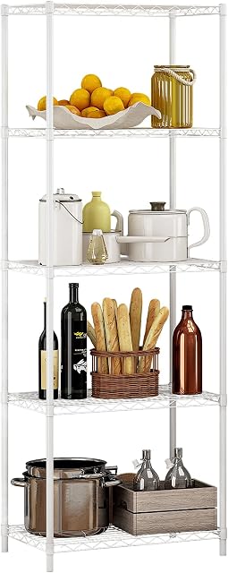 COZYFUN Shelving Unit, 5-Tier Stainless Steel Wire Shelf Unit, Multipurpose Metal Kitchen Storage Unit, Shelving Units for Storage Shelves for Bathroom, Livingroom, Garage, 21W x 14D x 61H (White)