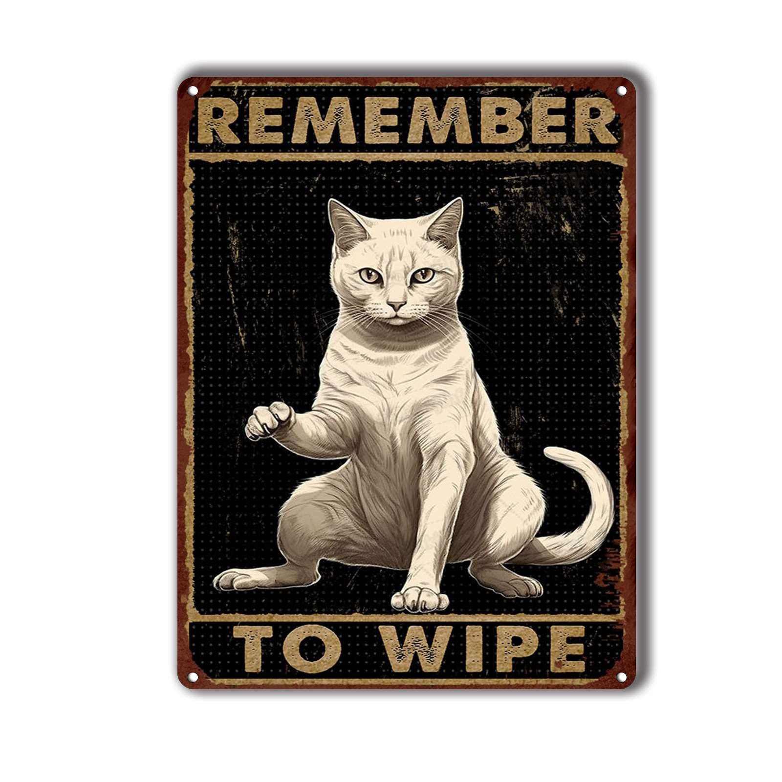 peiyeety Metal Tin Sign White Cat Inspired Vintage Decorative Wall Plaque, Remember To Wipe Bathroom Poster For Home Bedroom Living Room Bar Cafe Farmhouse Indoor Outdoor Wall Decoration, 12x16 Inch
