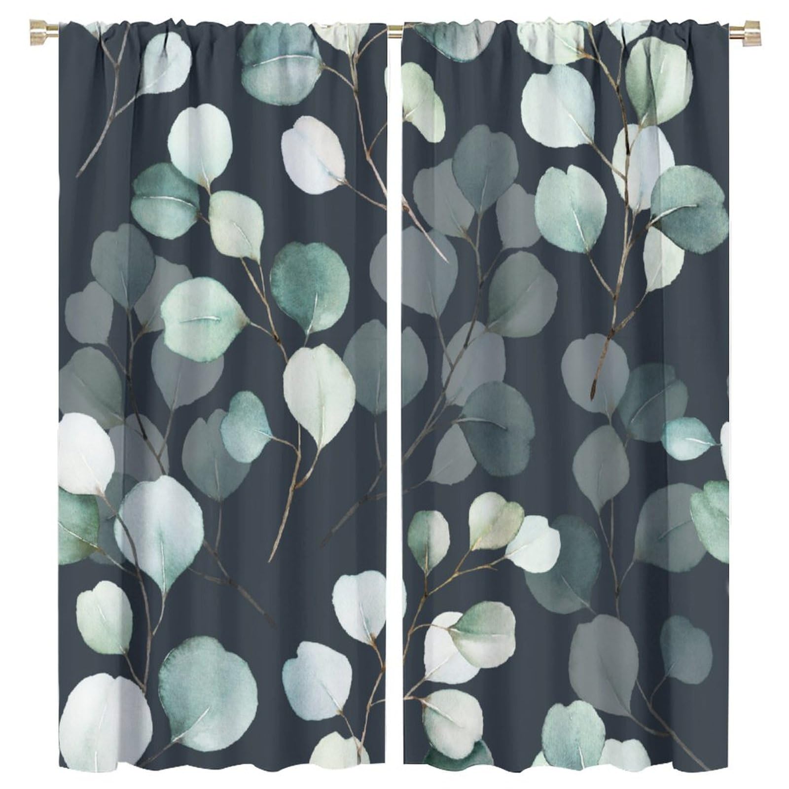 Eucalyptus Curtains Nature Botanical Green Leaves Pattern Black Background Blackout Print Rod Pocket Window Drapes for Bedroom Living Room 63x72in