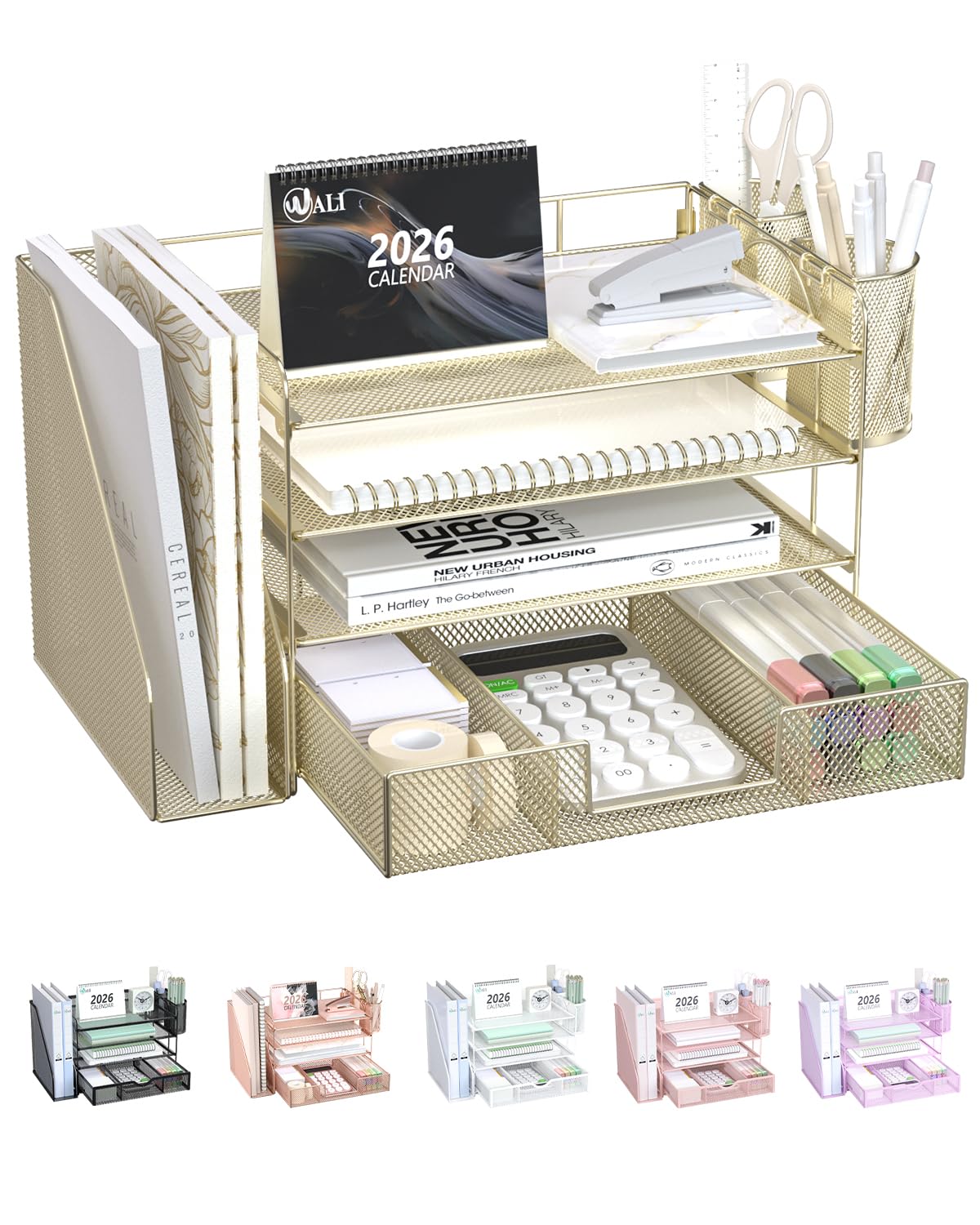 WALI Desk File Organizer, 4 Tier Desktop Paper Letter Tray Organizer with Drawer and 2 Pen Holders, Office Desk Accessories &amp; Workspace Organizers for Office, Home, School Supplies, 1 Pack, Gold