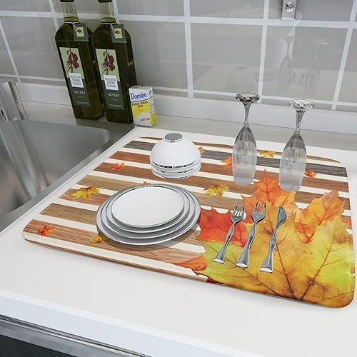 Miniatura 6 de Tapete de secado de platos de hojas de arce dorado otoñal para encimera de cocina, tapete de secado de platos de madera rural con rayas marrón