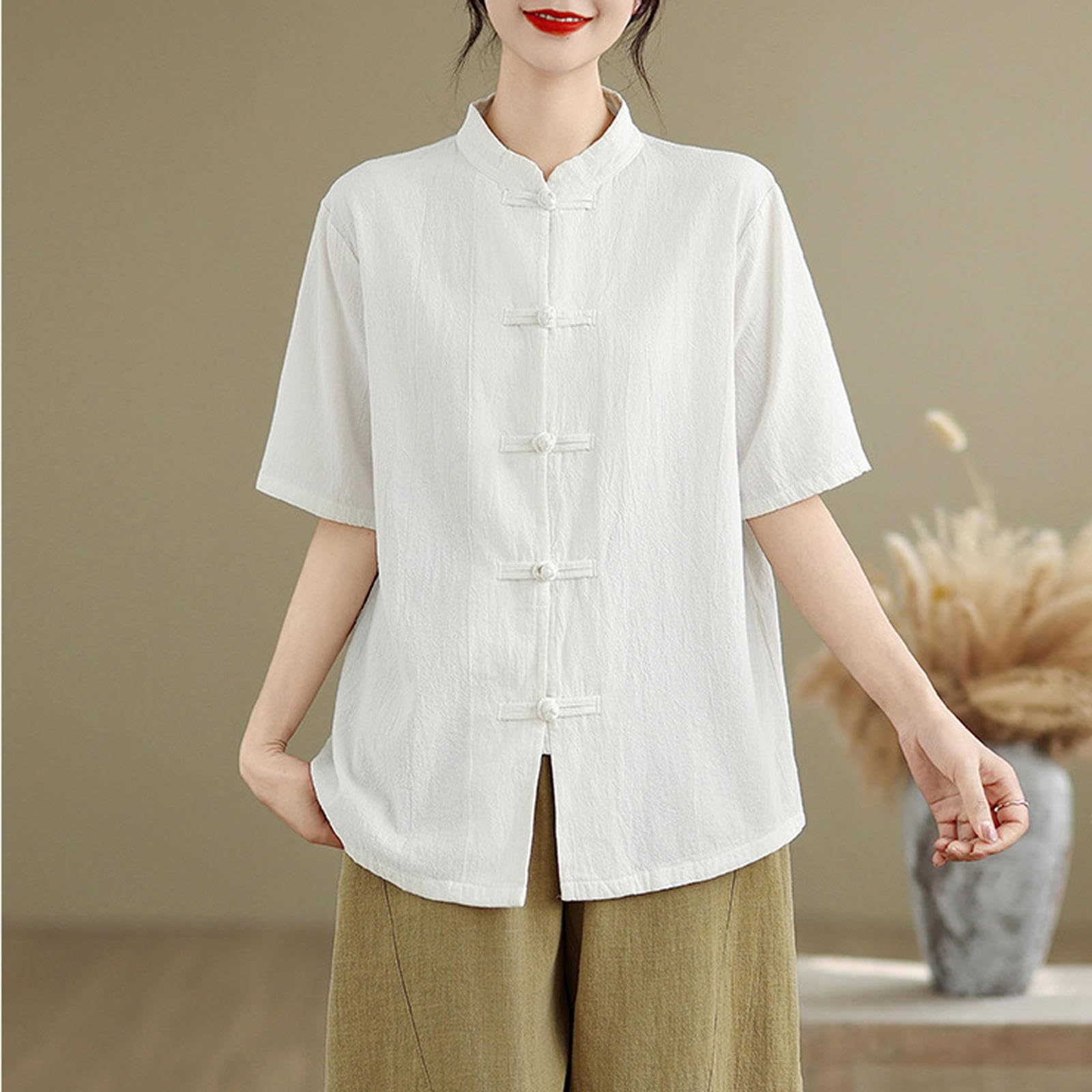 Tai Chi Uniform Damen Kung Fu Anzug Baumwolle und Leinen Kampfkunst Kleidung Mittellange Ärmel Zen Meditation,White-L