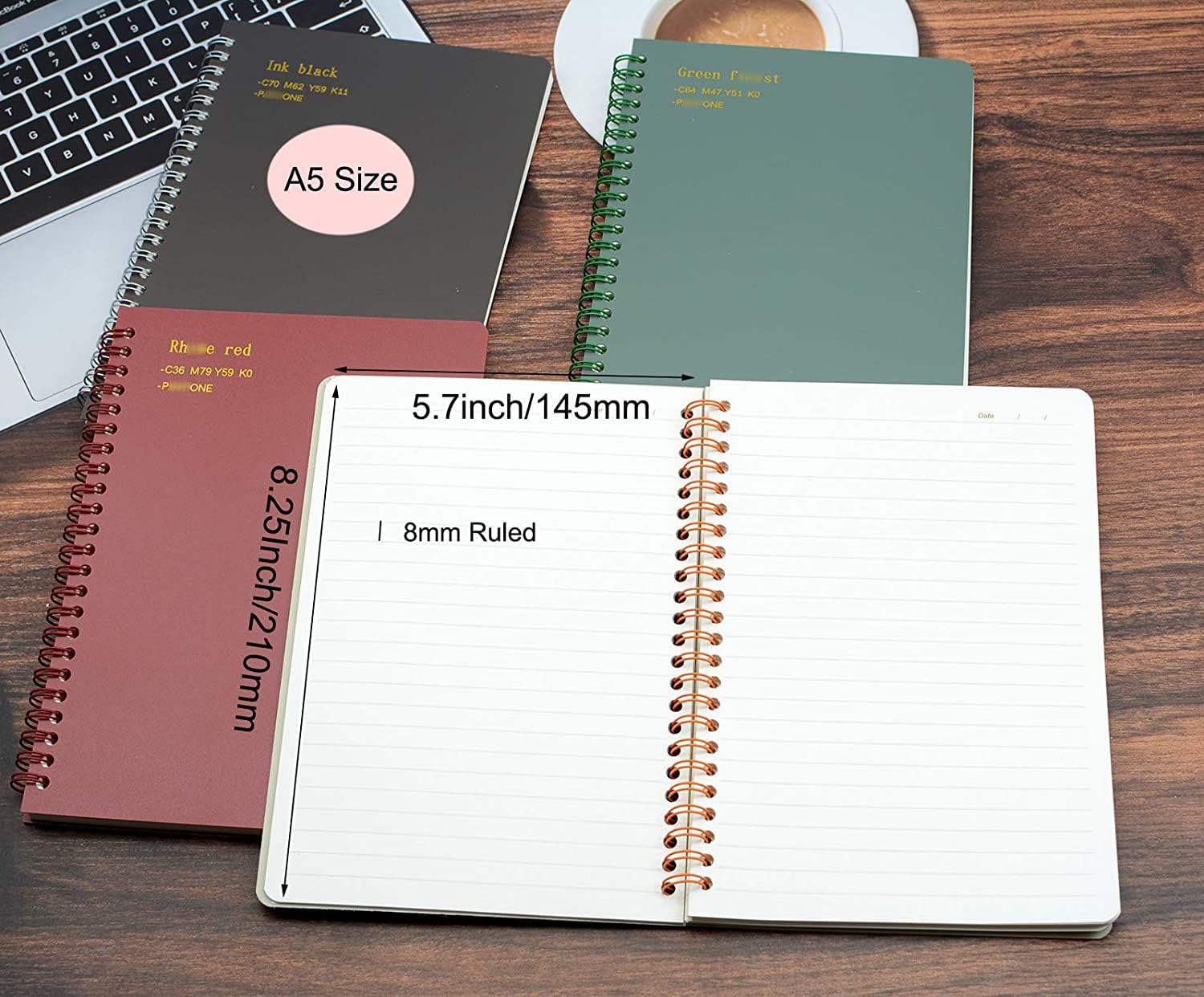 Yansanido Spiral Notebook, 4 Pcs 8.3 Inch x 5.9 Inch A5 Thick Plastic Hardcover 8mm Ruled 4 Color 80 Sheets -160 Pages Journals for Study and Notes (style 10-Wine Red,Brown,Green,ivory, A5) : Office Products