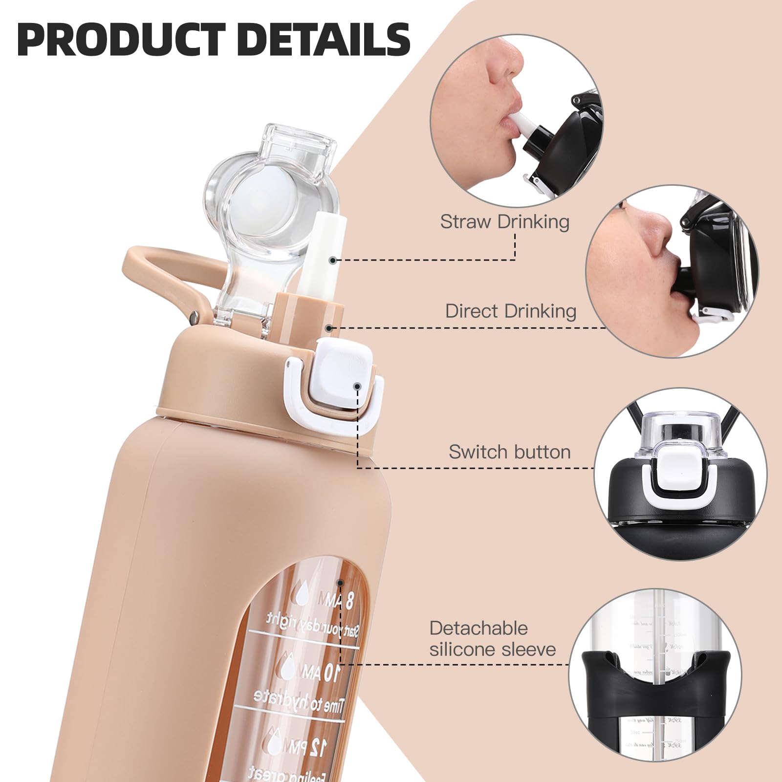 chunmo Bouteille d'eau en verre de 950 ml avec paille - Grande bouteille d'eau motivante avec marqueur de temps - Bouteille d'eau de sport avec manchon en silicone et couvercle à poignée pour