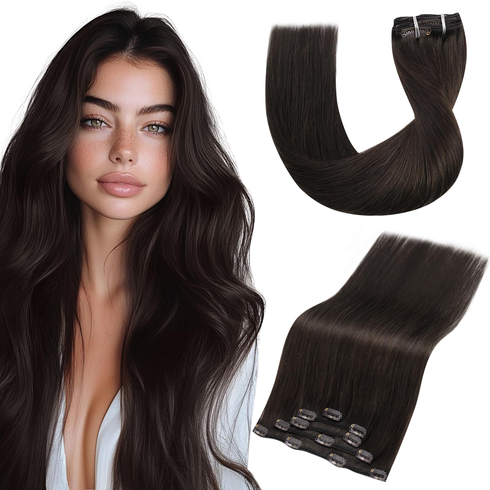 Vivien Brown Clip in Hair Extensions Darkest Brown to Light Brown Balayage Hair Extensions for Women Clip in Hair Extensions Human Hair 22 Inch 120g 7pcs #2/8/2 — view 11