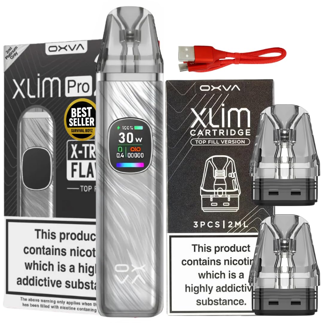 Oxva Xlim Pro 2 Pod Kit [Platinum Gray + 3 Pack Xlim Pods 0.6] - Available in 24 colours, 2A Fast Charge, 1300mAh Battery, 0.56" Ultra-HD Color Screen - No Nicotine