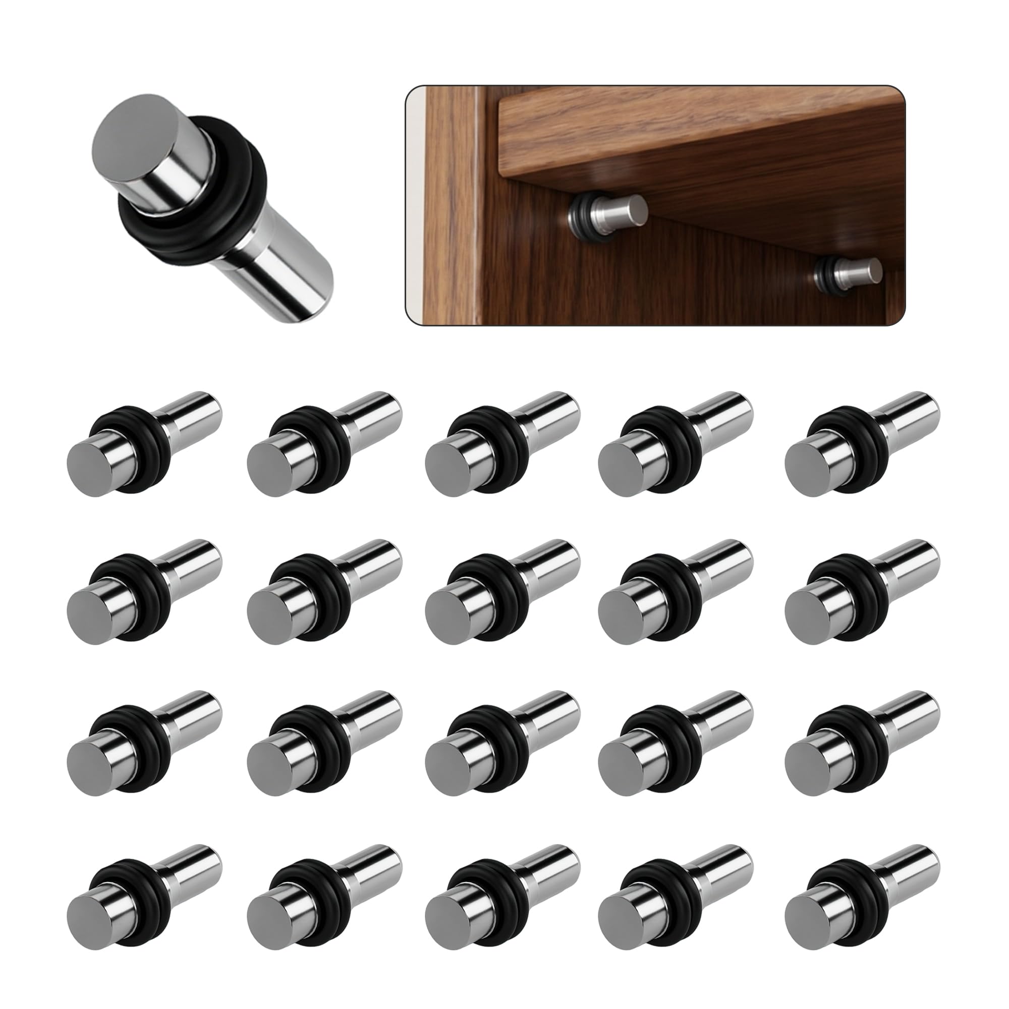 20 Pack 5mm Cabinet Shelf Pins for Adjustable Shelves, Zinc Alloy with Anti-Slip Top, Heavy Duty Cabinet Pegs for Kitchen Cabinets, Closet, Bookshelf (Silver)