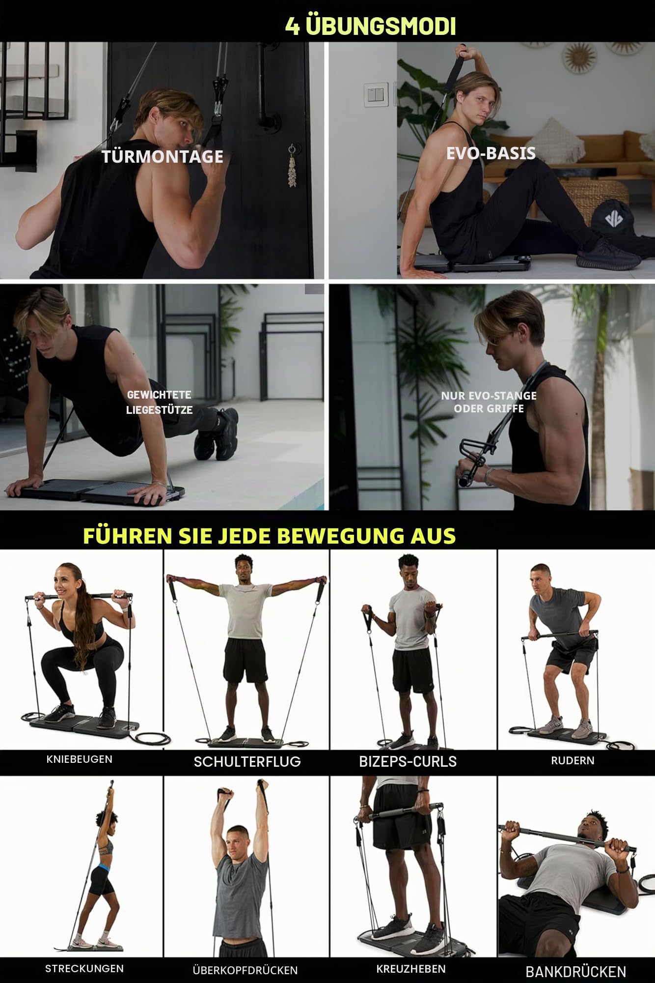 EVO Gym – Tragbares Krafttrainingsgerät für zu Hause, Fitnessstudio; All-in-One-Fitnessstudio; Widerstandsbänder, Basis hält Turnstange und Griffe für Reisen | Tragbares Fitness- und