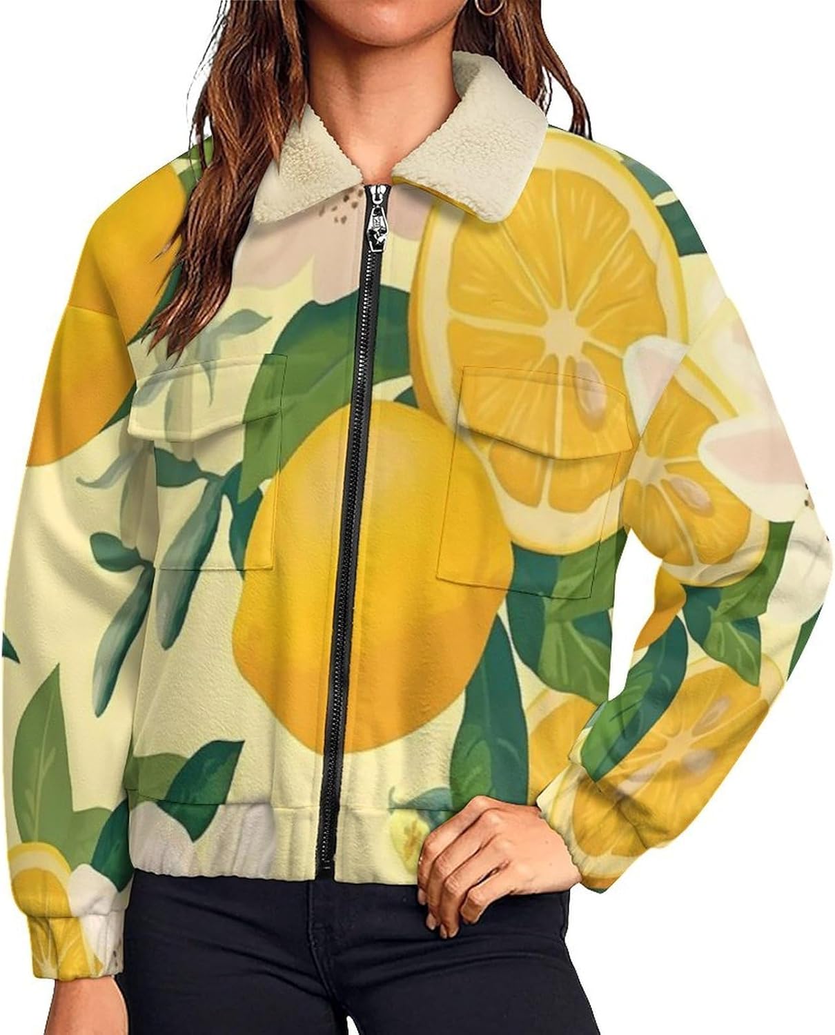 Women's Full Zip Soft Polar Fleece Jacket, Lemon tree lemon Printed Outdoor Coat,Long Sleeve Comfortable Outerwear