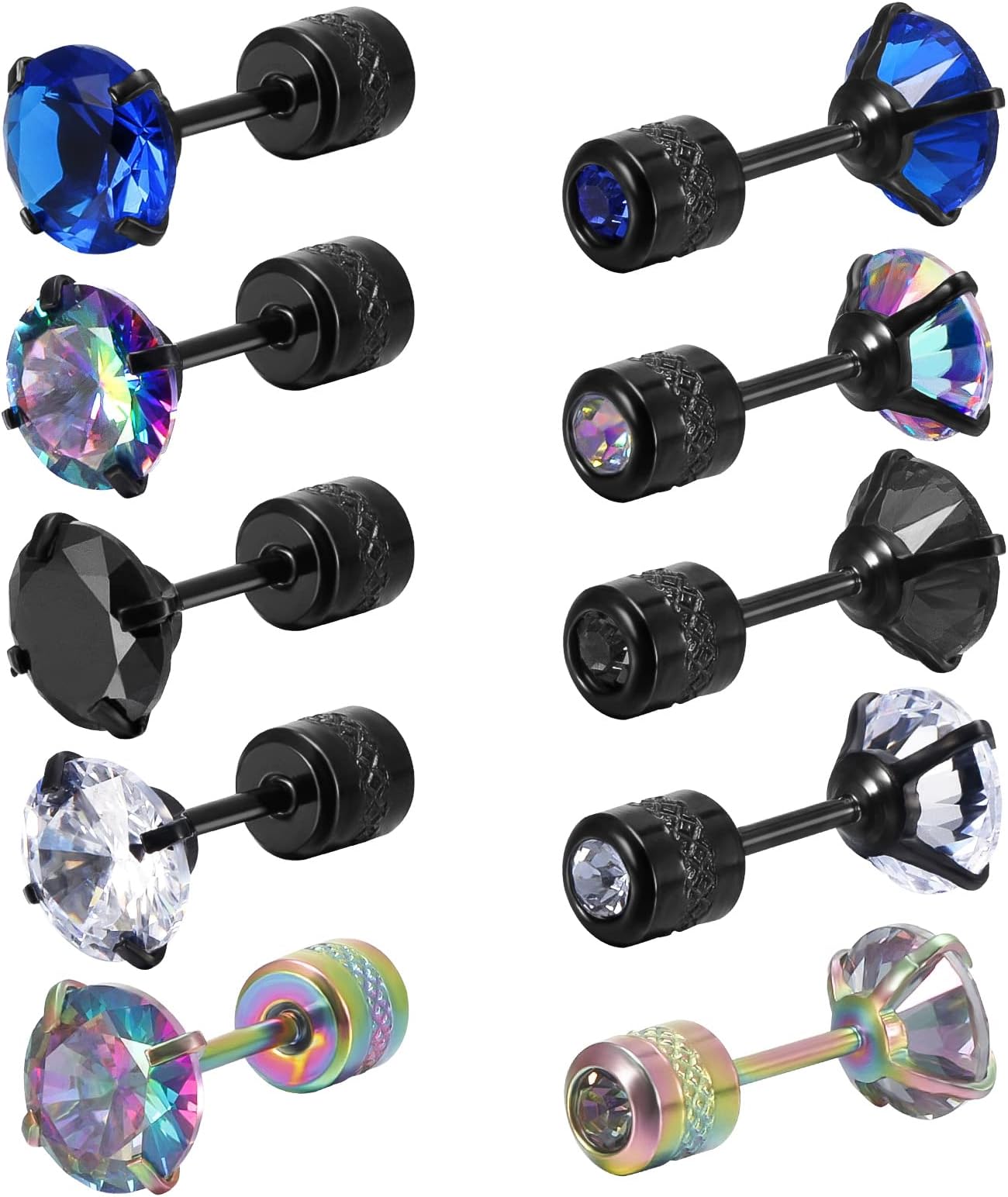 5 Pairs Titanium Earrings Women Men Stud Screw Back Surgical Stainless Steel Sleeper Rainbow 5A Cubic Zirconia Studs Double Side Earrings, Black,Gold,Rainbow,Silver