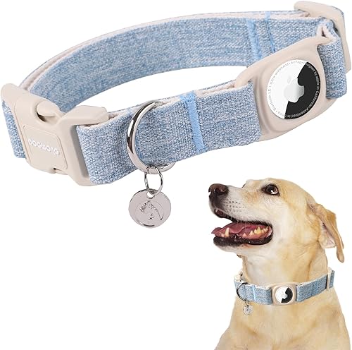DOGWONG Airtag - Collar de algodón de cáñamo para perro, collar de perro resistente con soporte para Airtag, collar de perro azul duradero de tela