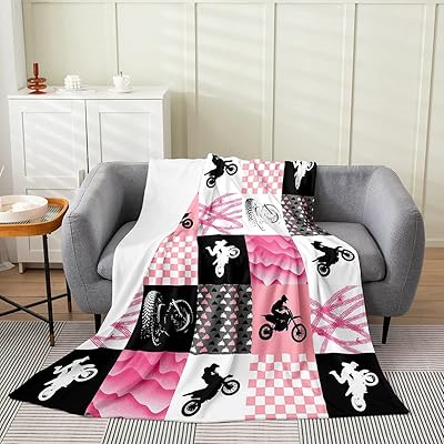 Erosebridal Dirt Bike Blanket Lightweight,Grunge Bike Track Patchwork Throw Blanket Bedroom Decor,Youth Motocross Fleece Blanket Ultra Warm,Gift for Girls,Pink White Grid Sherpa Blanket Soft,Baby