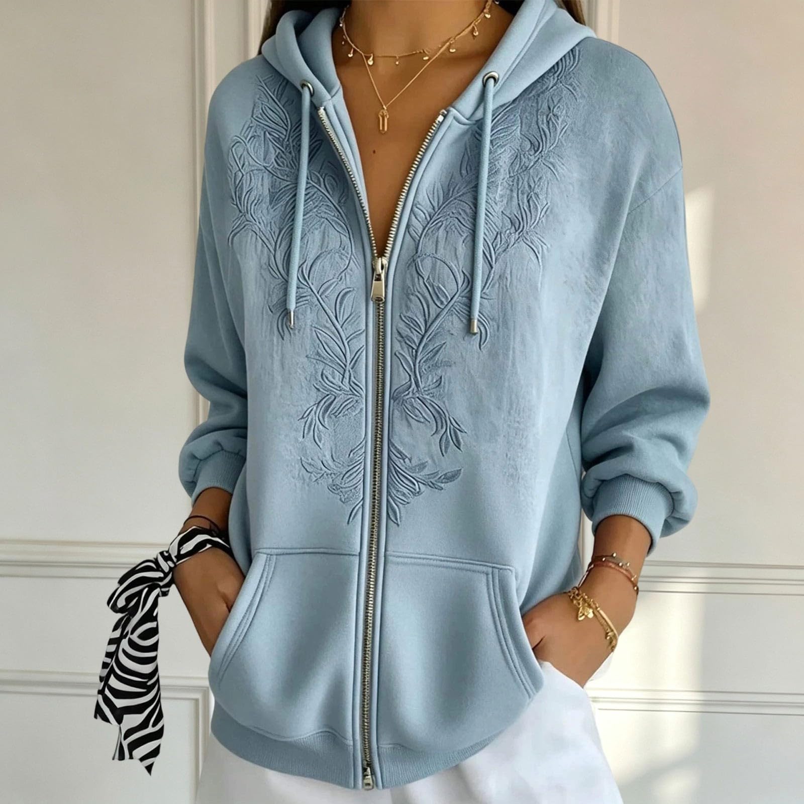 Sudadera con Capucha de Estilo otoñal con Estampado Floral y Cremallera, AB