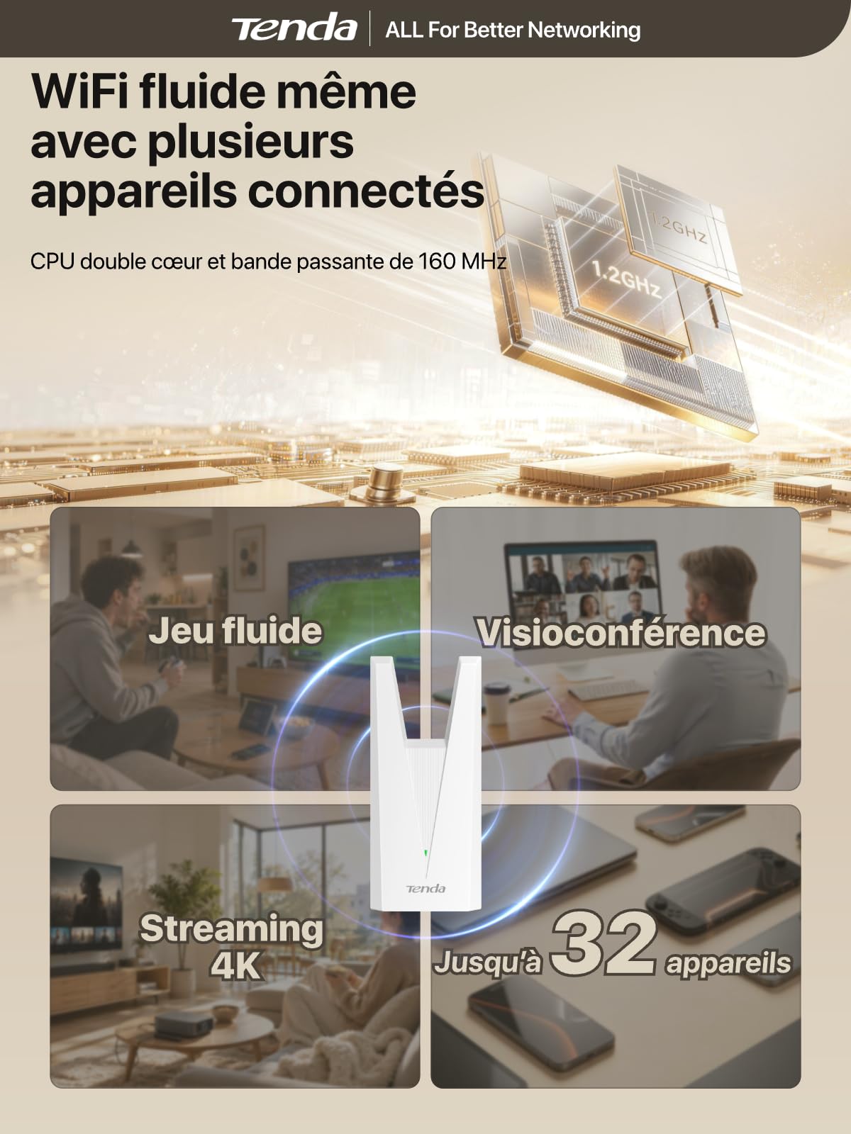 Tenda A33 Répéteur WiFi 6 AX3000, Repeteur WiFi Puissant sans Fil Dual Band, WiFi Extender EasyMesh avec Port Gigabit, Amplificateur WiFi pour Grande Maison, Streaming 4K, Gaming et Télétravail