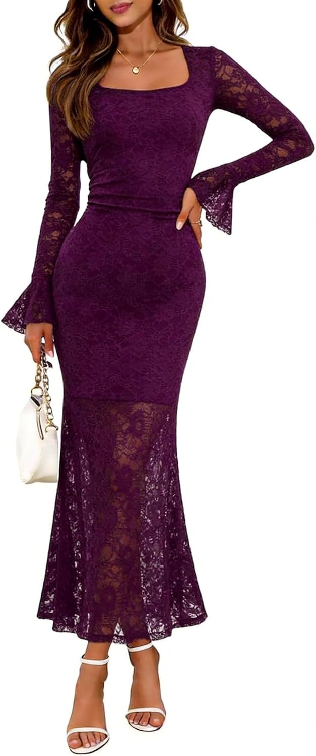 Elegant Women's 2025 Bell Long Sleeve Lace Maxi Dress Sexy Square Neck Fall Bodycon Mesh Wedding Guest Cocktail