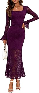 Elegant Women's 2026 Bell Long Sleeve Lace Maxi Dress Sexy Square Neck Fall Bodycon Mesh Wedding Guest Cocktail