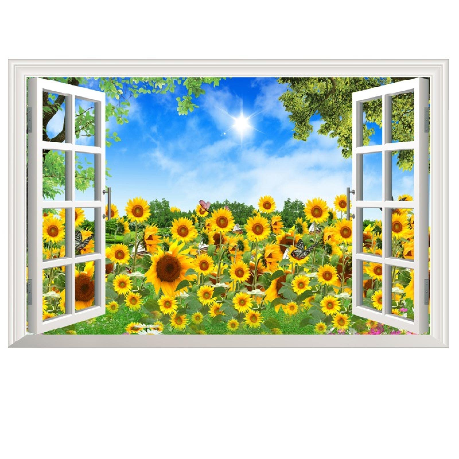 JZSDGB Ventana falsa Cuadro Panorámica sobre Lienzo.flor de girasol Ventana 3D Vista Paisaje imagen impresa en lienzo. Ventana falsa arte de pared para la sala imagen 70x100cm(28x40in)sin marco