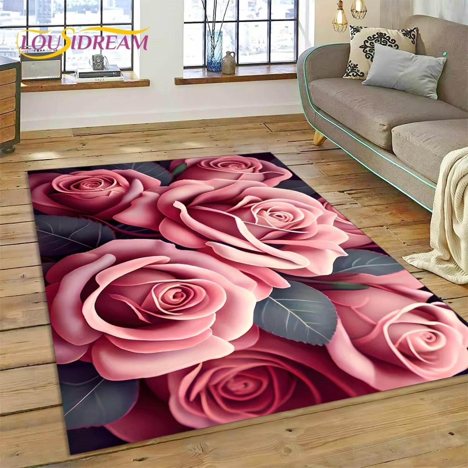 Tapis chambre à coucher antidérapant motif fleurs roses déco salon 80x120cm