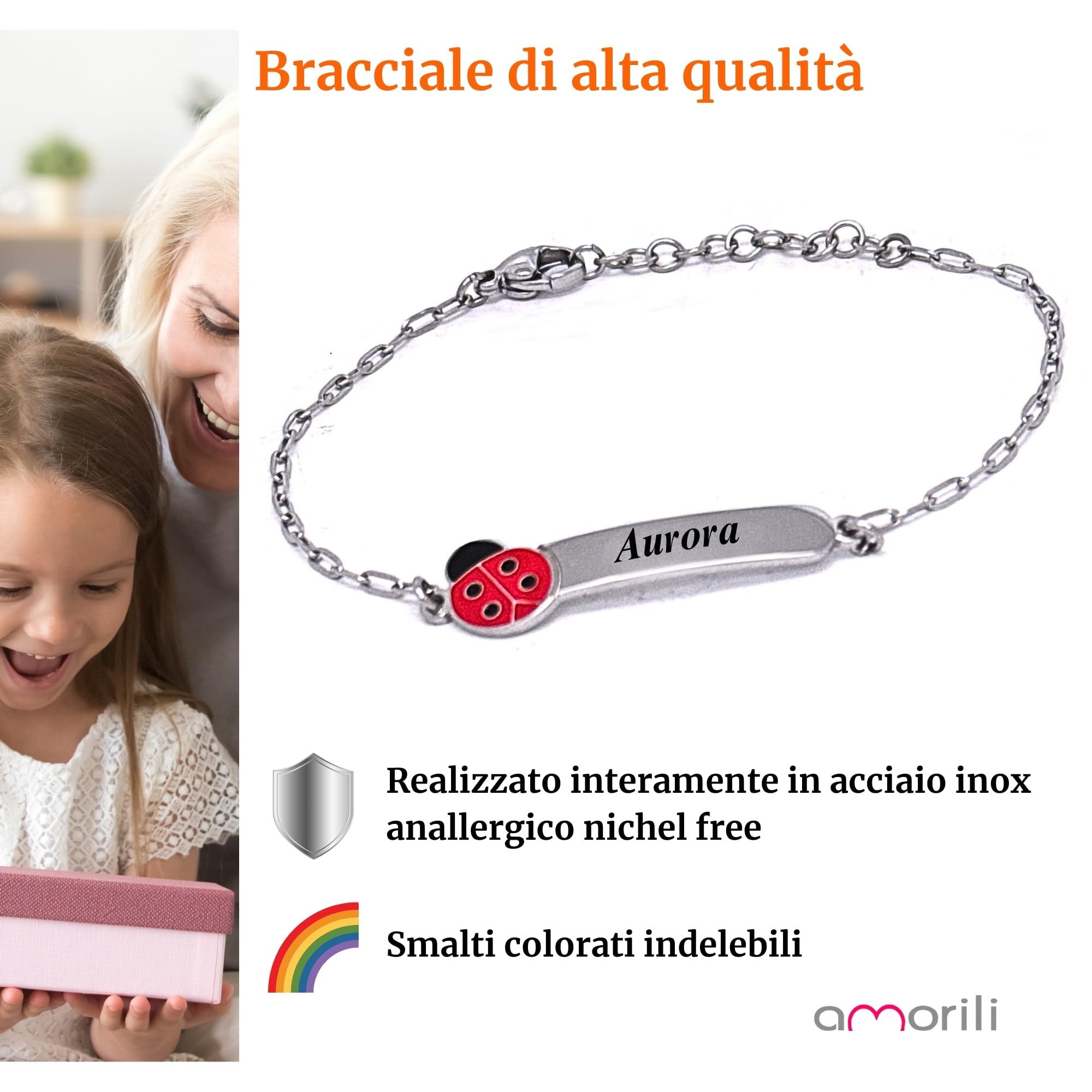 amorili Bracciale Bambina Personalizzato con Nome – Coccinella Portafortuna – Acciaio Inox Anallergico – Idea Regalo Bimba Battesimo Compleanno – Made in Italy bcc3109