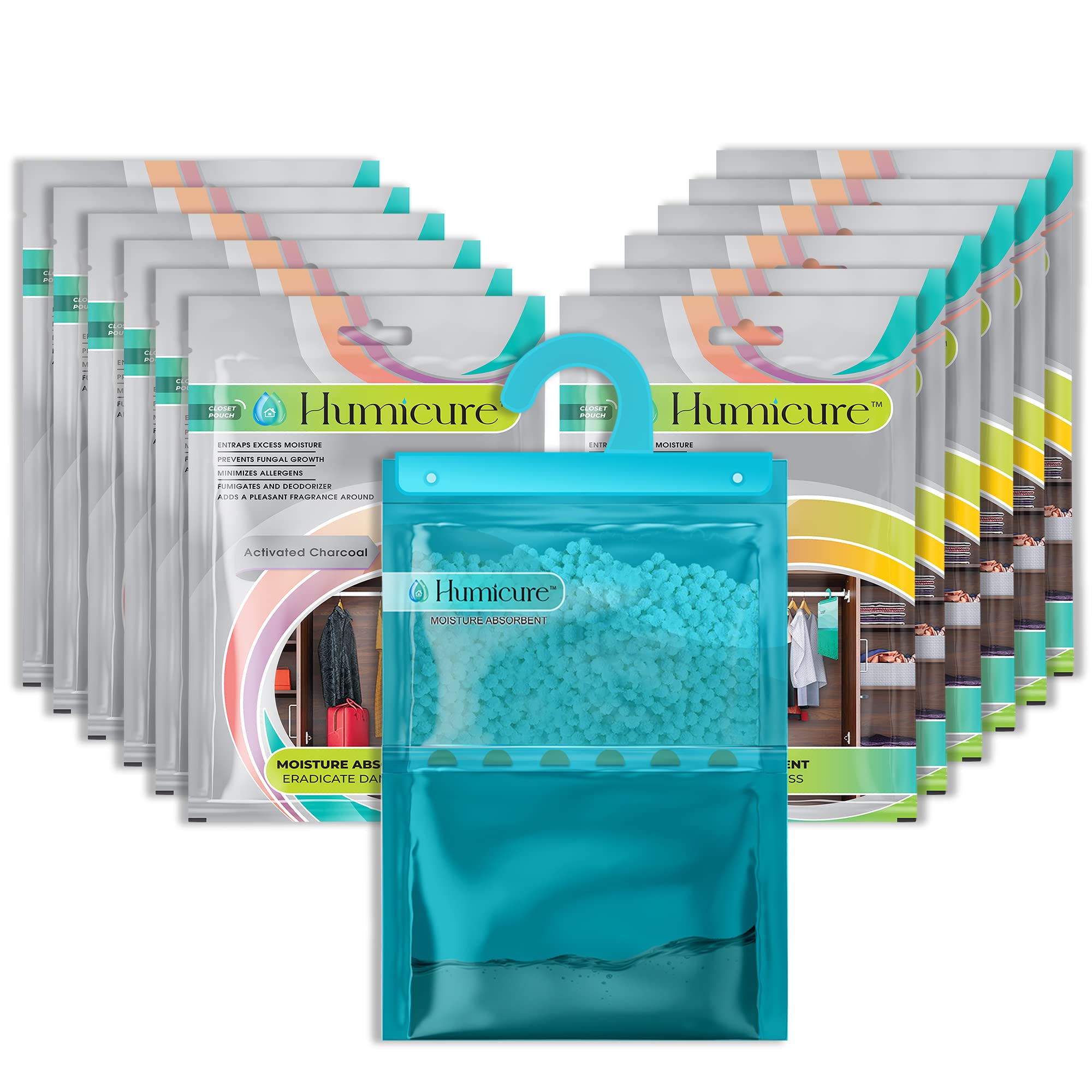 Humicure Moisture Absorber Dehumidifier Hanging Bags with 1 Litre Absorption Capacity for Wardrobe, Bathroom, Kitchen and Bedroom; Prevents Mould (Pack of 12, 400gram each, Activated Charcoal)