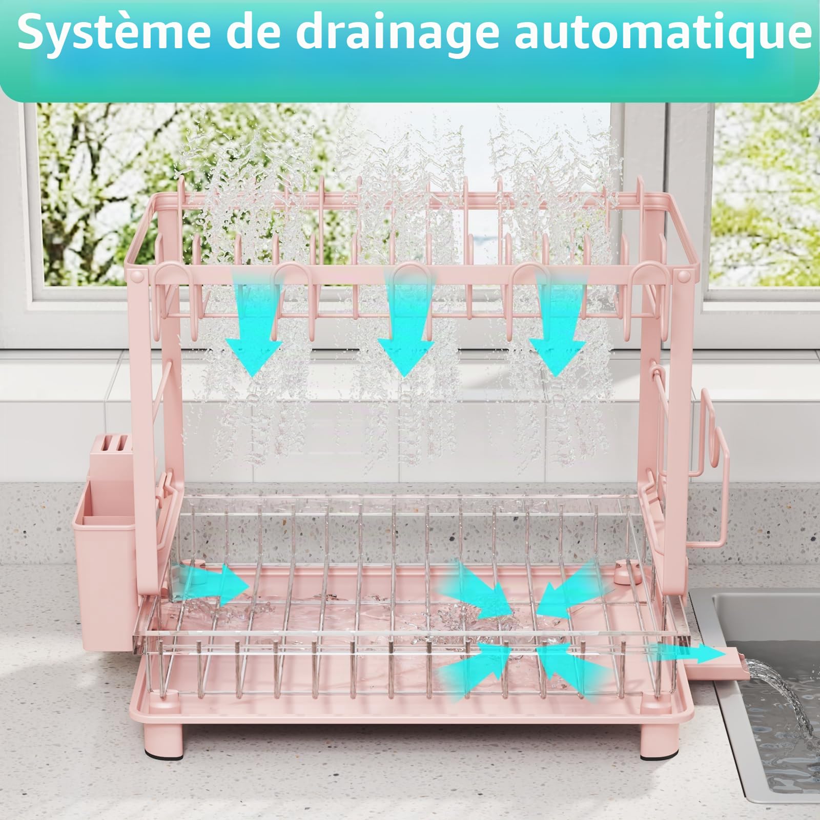 Égouttoir à Vaisselle Multifonction à 2 Niveaux, antirouille avec égouttoir, ustensiles et Porte-gobelets pour comptoir de Cuisine, Rose