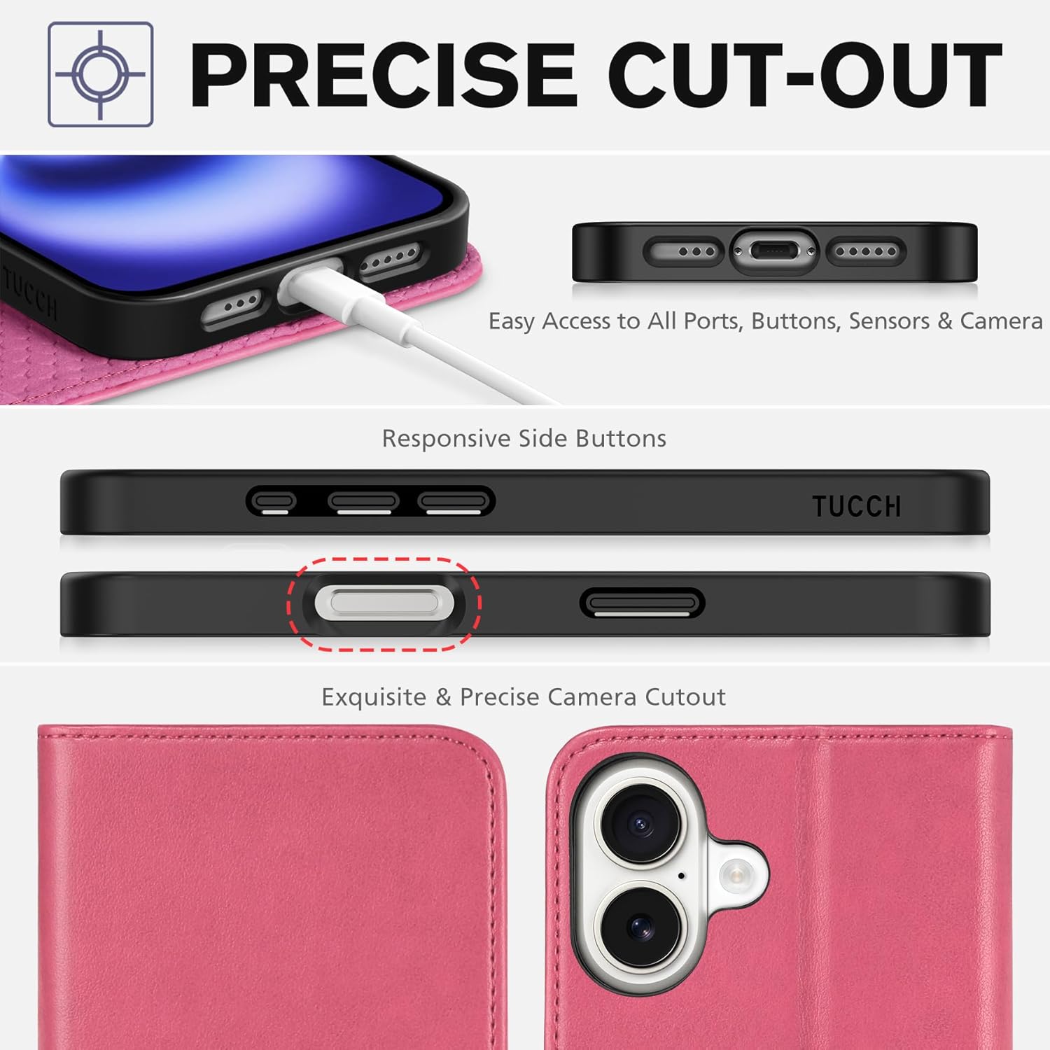 TUCCH Case Wallet for iPhone 16, [3 Card Slots] Kickstand PU Leather [RFID Blocking] Case, Flip Folio Cover with [TPU Shockproof Interior Shell] Compatible with iPhone 16 2024, Hot Pink