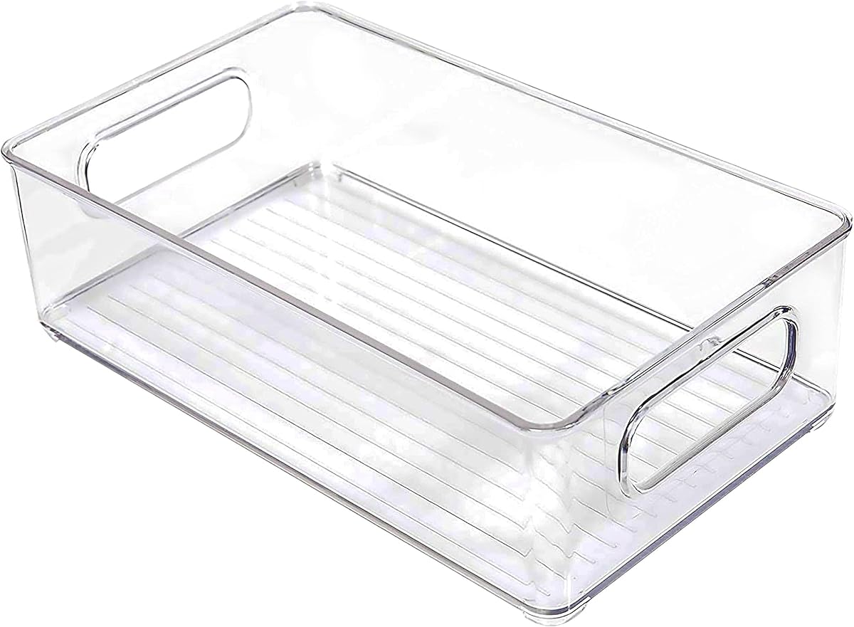 Bahoki Essentials Set of 4 Kitchen Pantry Bins - Clear Plastic Storage for Freezer and Refrigerator - Kitchen Organizer for Snack, Drink, Fruit and Vegetables - Multifunctional Stackable Home Bins