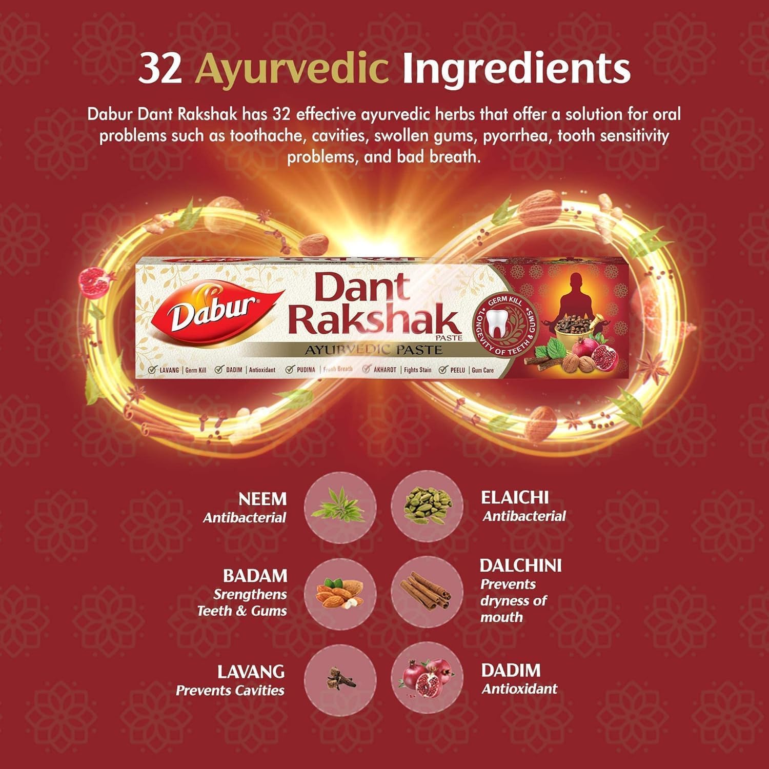 Dabur Dant Rakshak Ayurvedic Toothpaste - 700g (175g x 4) | With Goodness Of 32 Ayurvedic Herbs | Prevents & Calms Gum Pain | Kills Germs | Complete Family Toothpaste | No Added Fluorides & Parabens