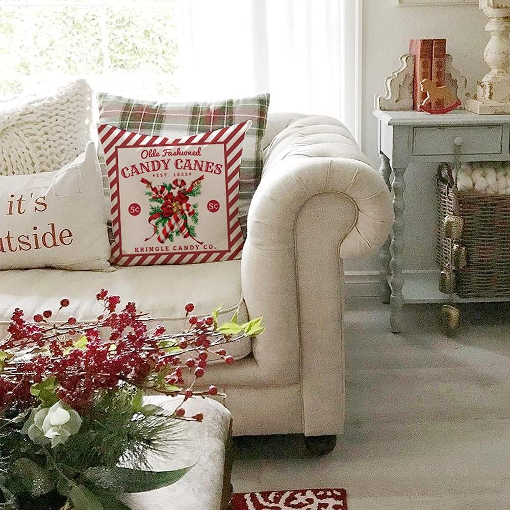 PANDICORN Vintage Christmas Pillow Covers - 18x18 Set of 4 for Christmas Decorations, Red Retro Santa Trees Candy Cane Sleigh Rides Reindeer Rustic Country Holiday Decor Throw Pillows Cases image 5