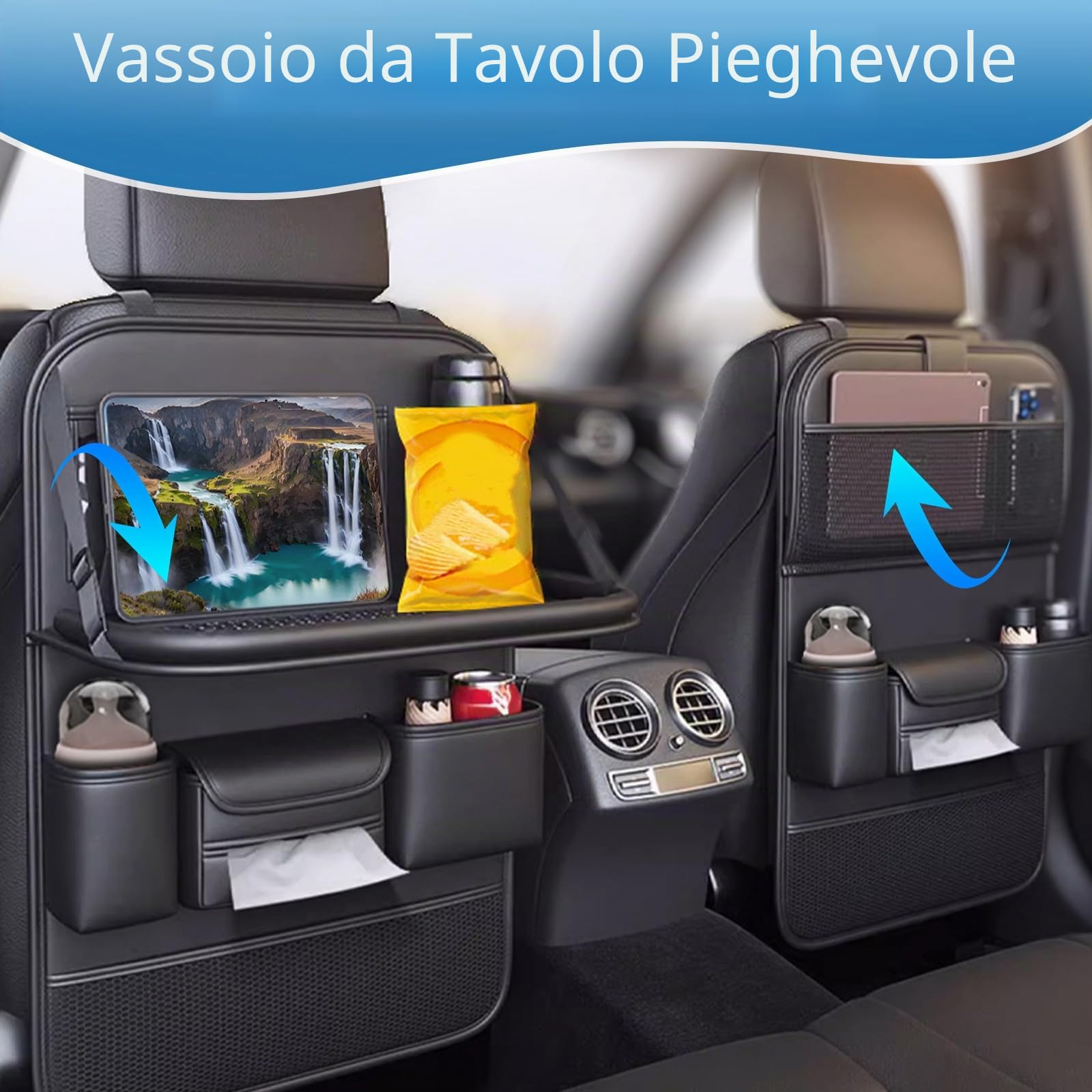 Primst 2 Organizer in Pelle per Sedile Posteriore dell'Auto con Vassoio Pieghevole da Tavolo, Nero