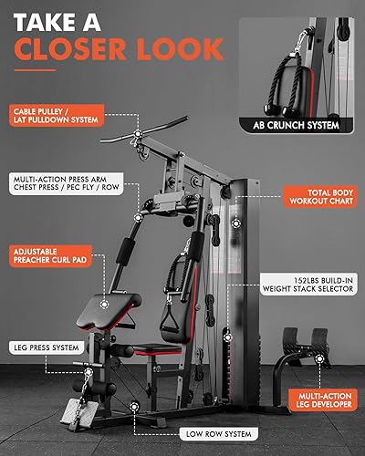 Miniatura 6 de Mikolo Gimnasio en casa, estación de entrenamiento con pila de pesas de 150 libras, equipo multifuncional de gimnasio en casa, equipo de ejercicio
