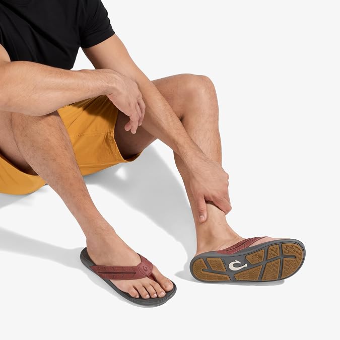 OLUKAI Tuahine Palm Men's Waterproof Full-Grain Leather Flip Flops, Arch Support Beach Sandals, Wet Grip Outsole for All-Day Comfort