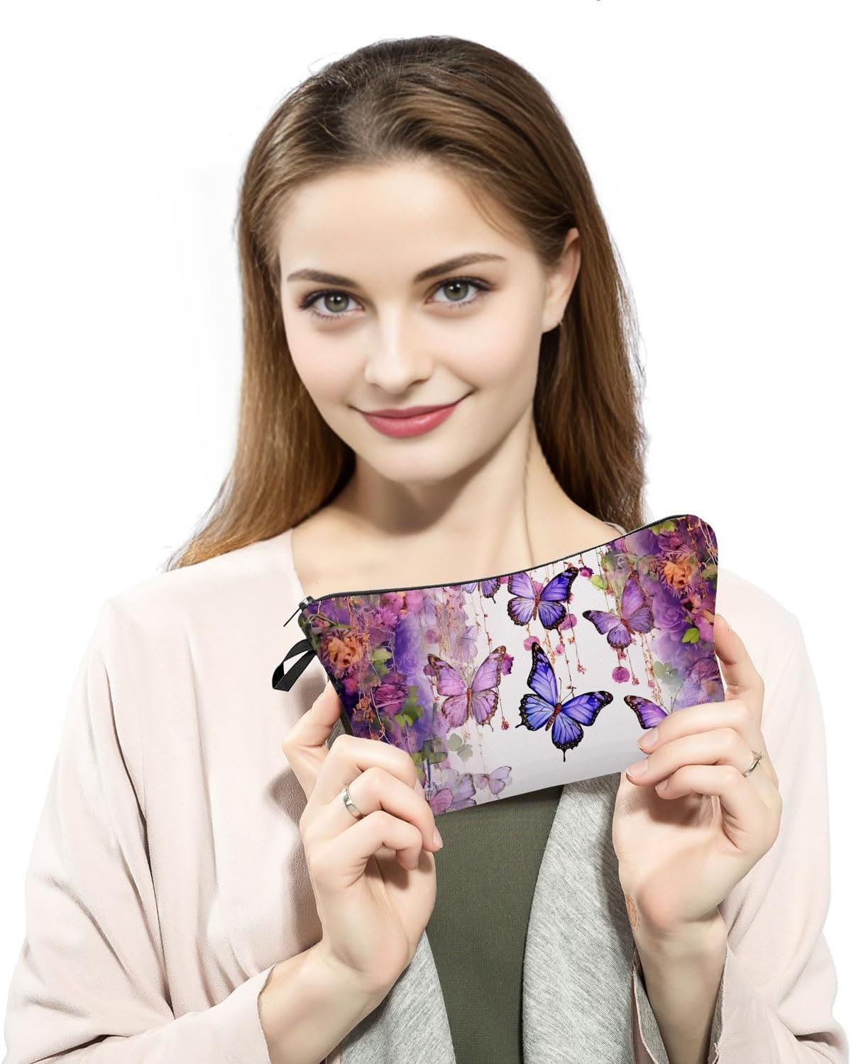 Butterfly Flower Makeup Bag for Women Travel Cosmetic Organizer Bag Teacher Appreciation Gifts Small Zipper Toiletry Bag - Image 3