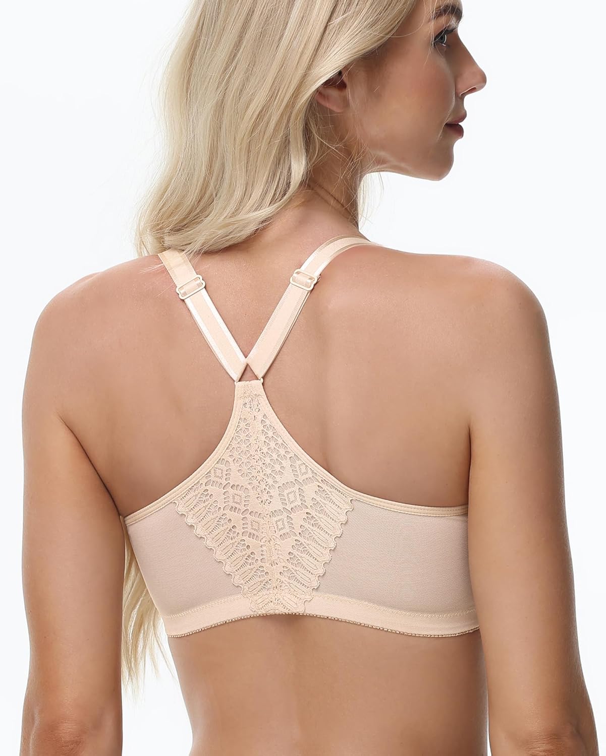 Women's Front Closure Bra Underwire Unlined T-Back Lace Unpadded Full Coverage Racerback Bras for Plus Size - Image 4