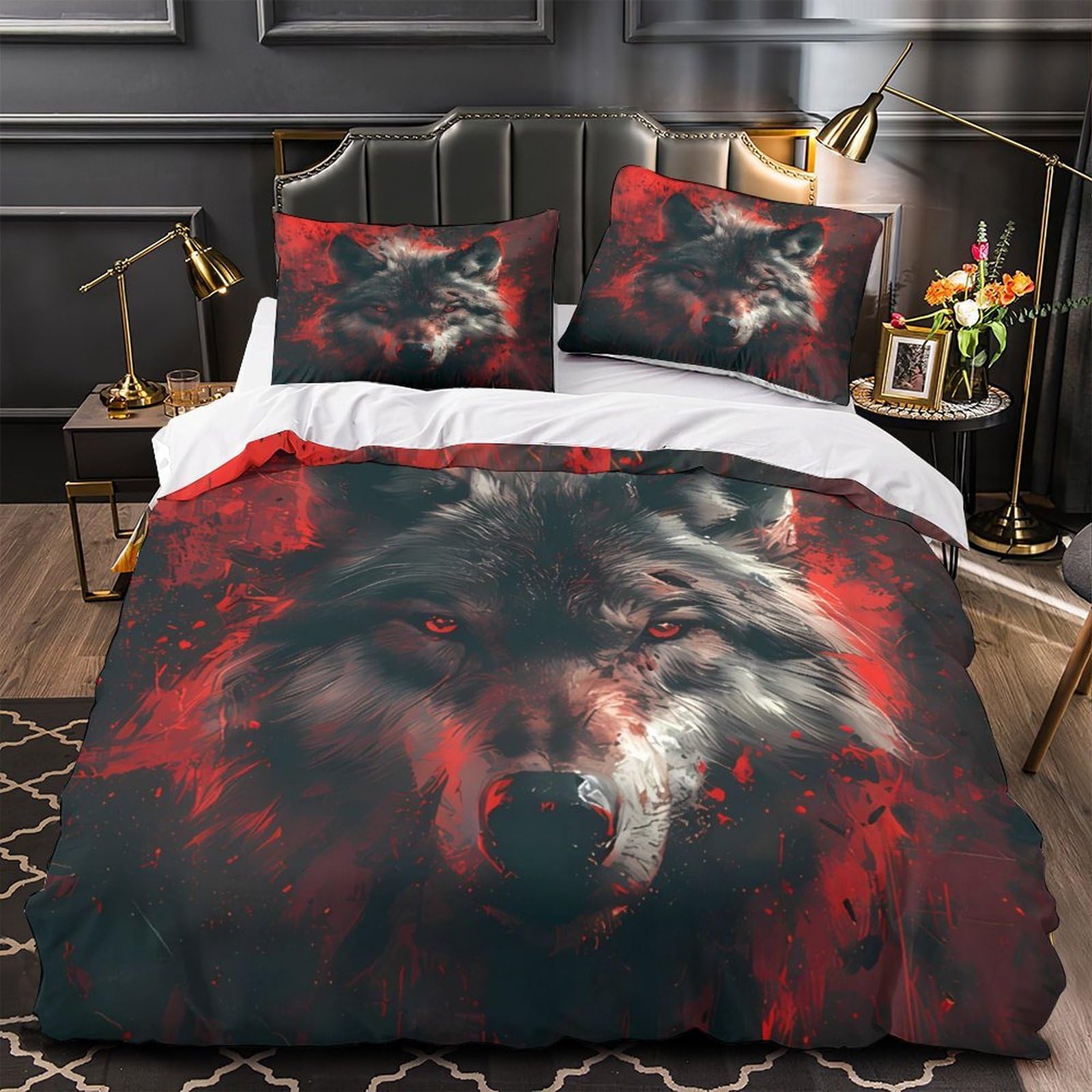 Housse de couette loup 220x240 cm avec taies en microfibre pour lit double King