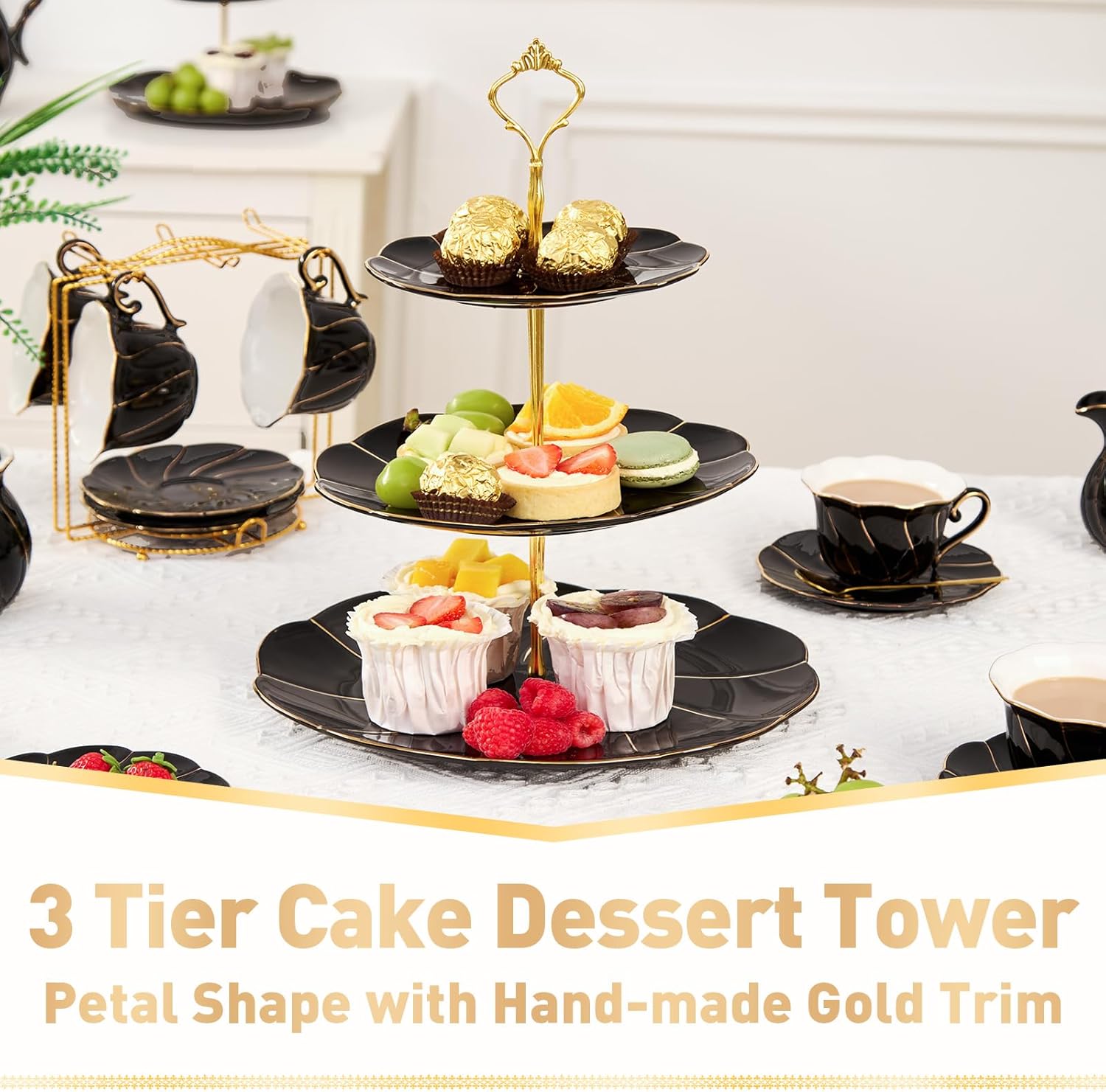 DUJUST Luxury Larger 3-Tier Cupcake Stand Tower, British Style Porcelain Serving Tray with Golden Trim, Food Grade Dessert Display Stand for Tea Party & Home Décor - 45% Black Larger Plates