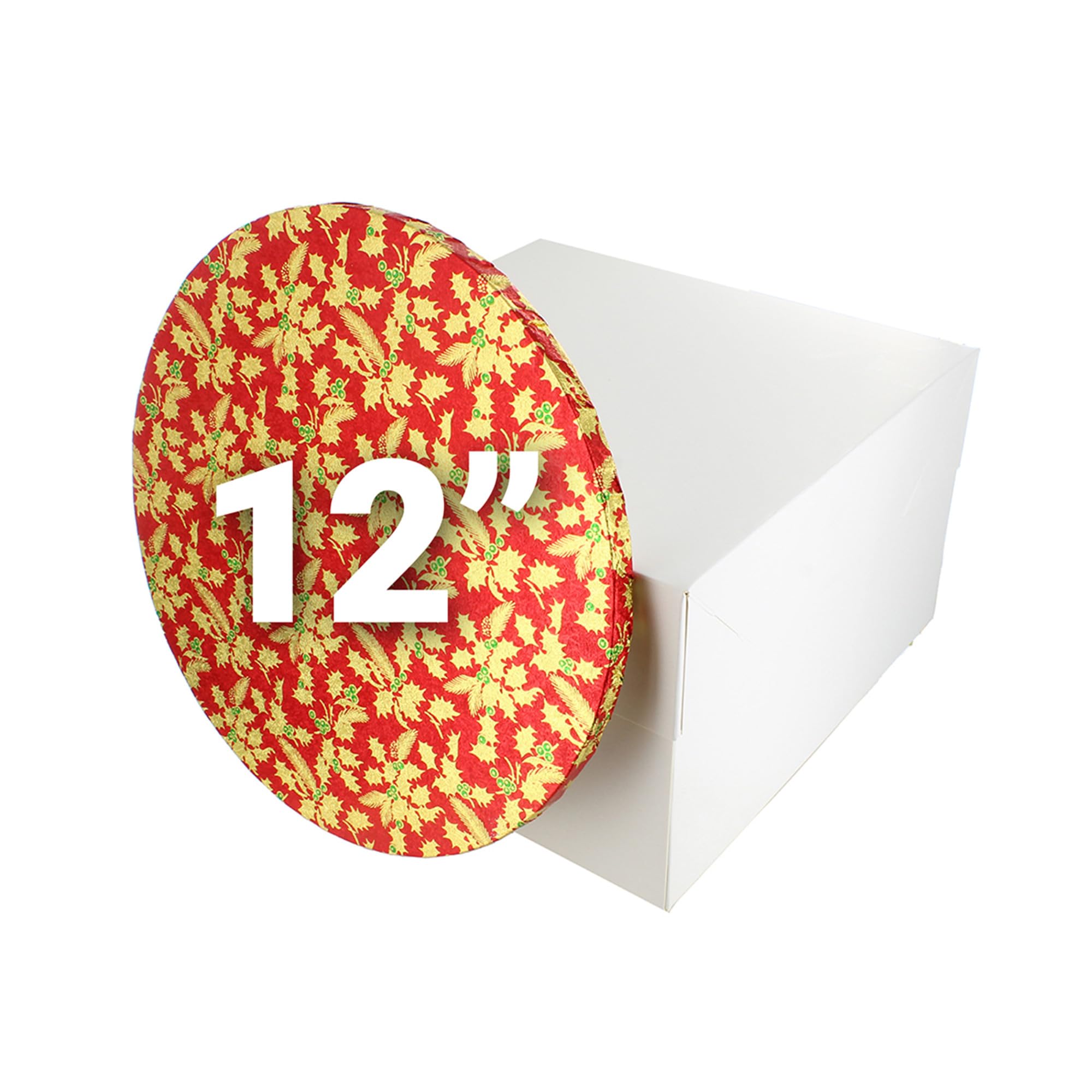 Culpitt Red Christmas Cake Board & Box Set | 12" (30Cm), | White Cake Box & Gold Holly Drum, Festive Cake Transport Combo