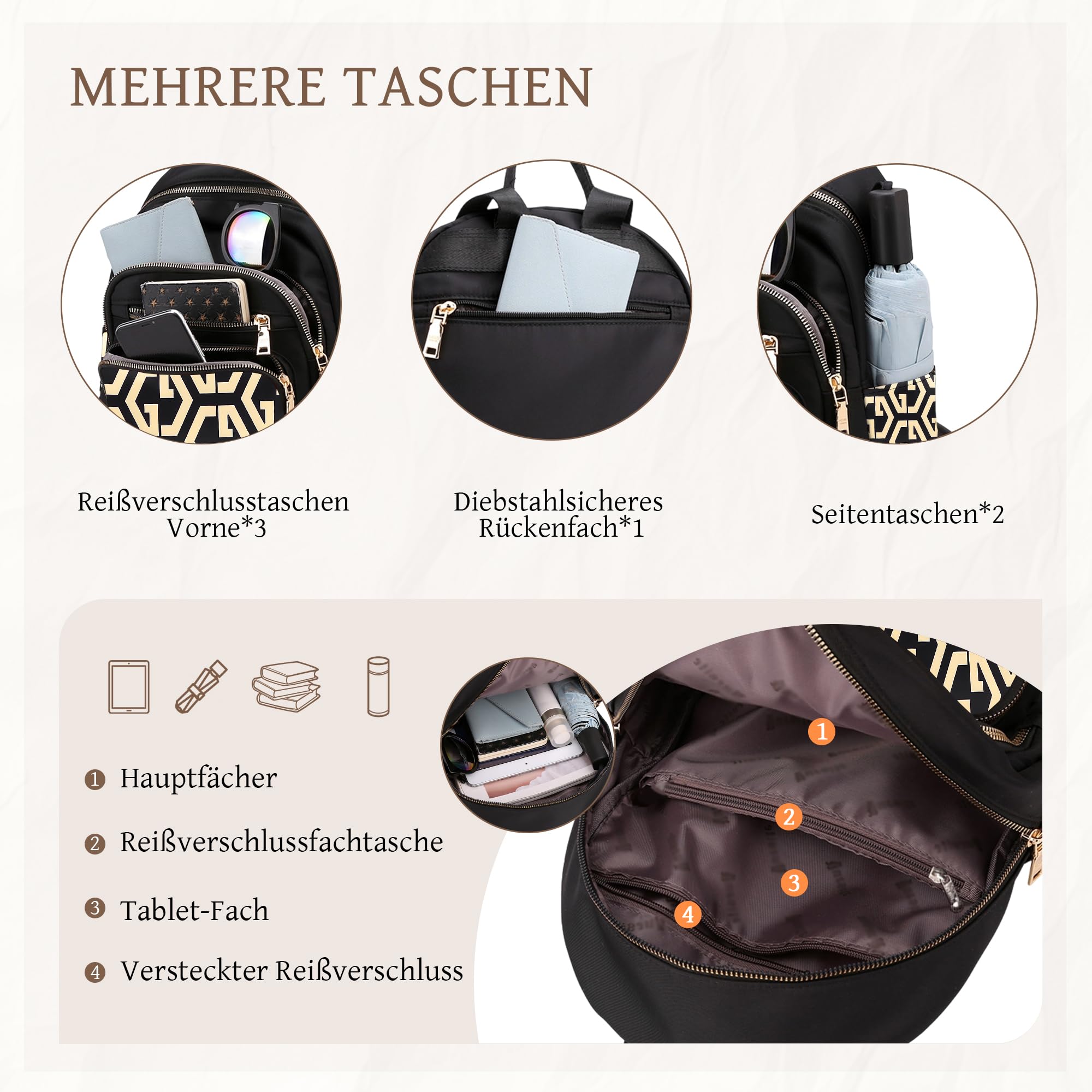 Rucksack Damen Elegant Umhängetaschen Wasserdichte Anti Diebstahl Tasche Casual Daypack Multifunktional Frauen Handtasche für Arbeit Reisen Uni Alltag Groß aus Polyester Beige Geometrisch
