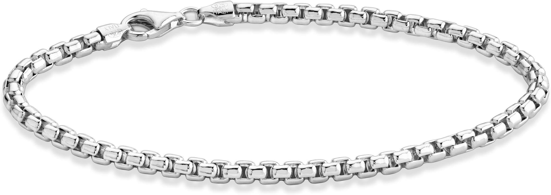 Solid 925 Sterling Silver Italian 3.5mm Square Rolo Link Round Box Chain Bracelet for Women Men, Made in Italy