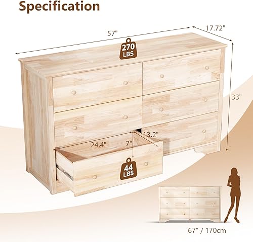 Miniatura 30 de VINGLI Cómoda de 6 cajones sin terminar, cómoda de madera maciza natural, cómoda rústica mejorada con amplias cajoneras de almacenamiento con