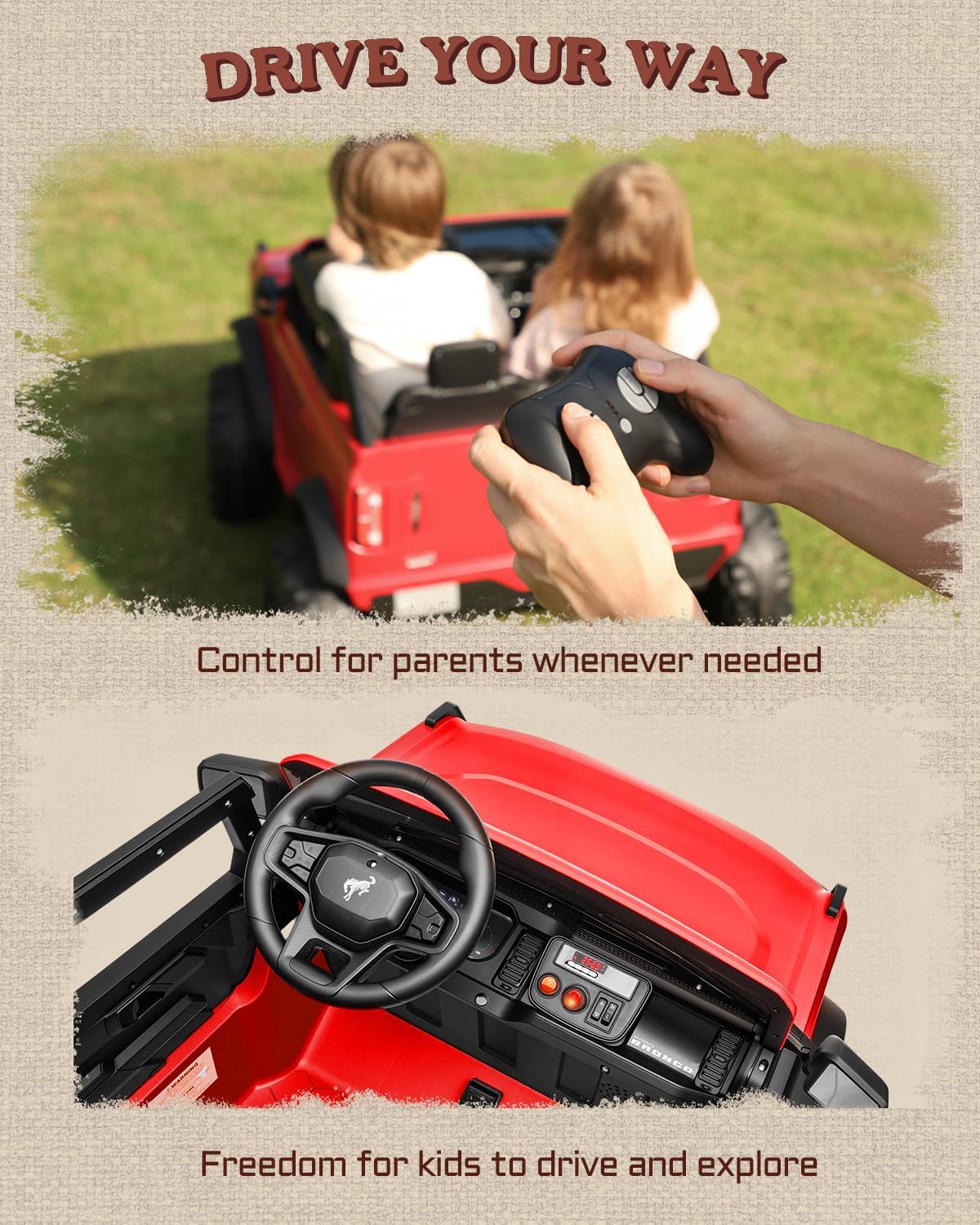 First Ride On 24V 2 Seater Ride on Toys Licensed Ford Bronco Base, Electric Vehicle with Remote Control and Seat Belts, Electric Ride On Truck wtih Remote Control, Bluetooth and LED Lights (Red)