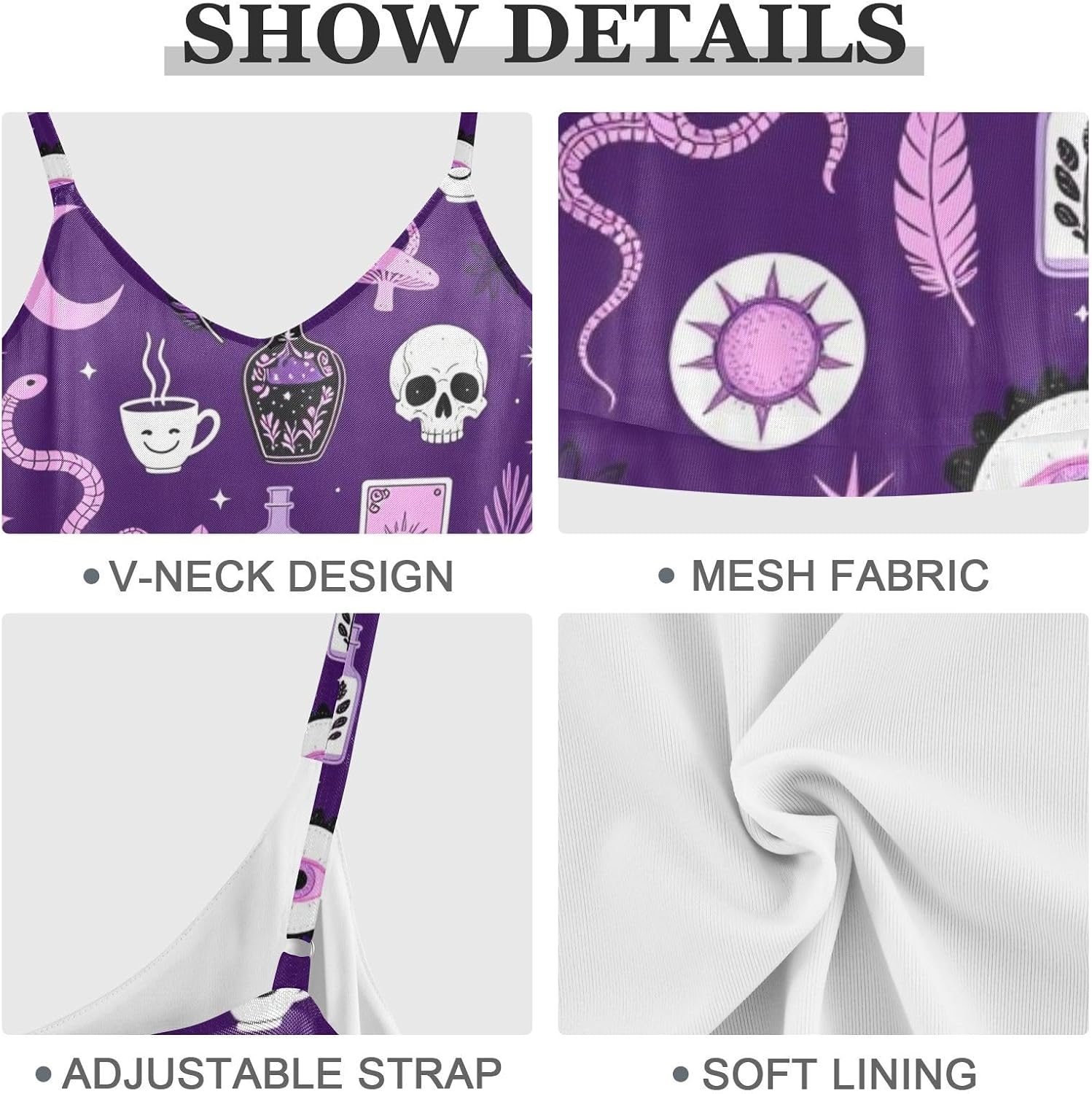 Summer Dresses for Women Fitted Sleeveless Adjustable Spaghettis Straps V Neck Mesh Purple Witch's Essentials image 5