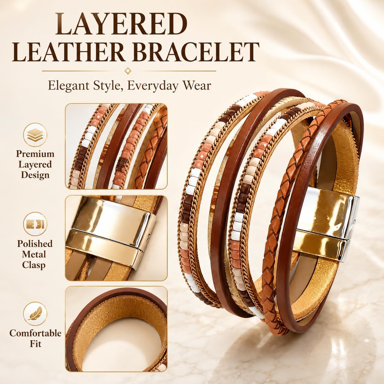 Leather Wrap Bracelets for Women, Boho Leopard Multi-Layer Crystal Beads Cuff Jewelry Gift