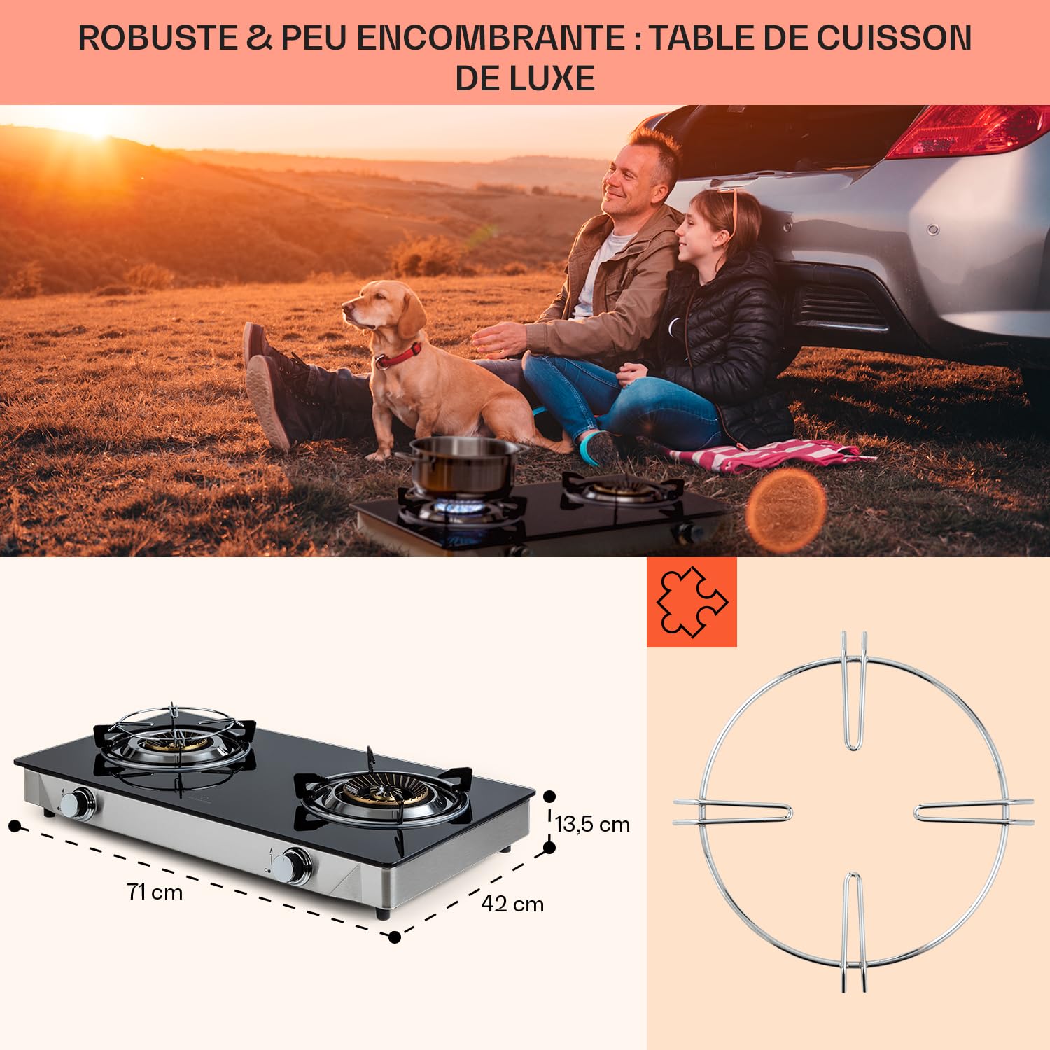 Klarstein Plaque de Cuisson Gaz 2 Feux, Table de Cuisson à 2 Brûleurs, Plaque Gaz de 7.7 kW, Piano Cuisine en Acier Inoxydable, Plaque de Cuisson Inox Portable