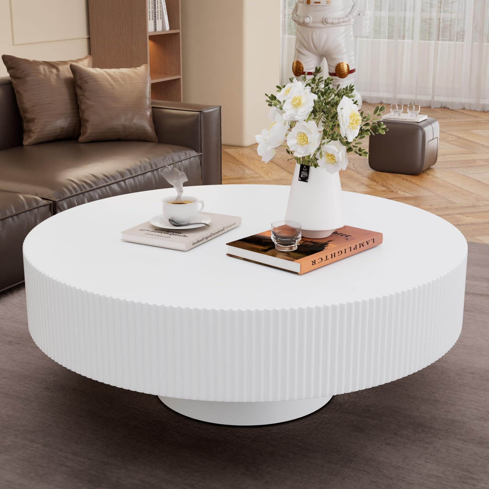 Dbtxwd White Round Coffee Table - Handcraft Veneered (A White 30.9in)