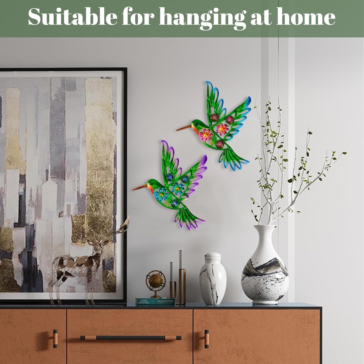 2 Pack Metal/Glass Hummingbird Wall Decor, 12.4" Outdoor Fence Wall Art Decor, Wall Sculpture Hanging Decoration Perfect for Garden Yard Living Room Bedroom Patio Balcony