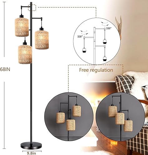 Miniatura 4 de Lámpara de pie con diseño de árbol de 3 bombillas alta, rústica, estilo rural, industrial y boho, pantalla de mimbre y bambú para sala de estar,